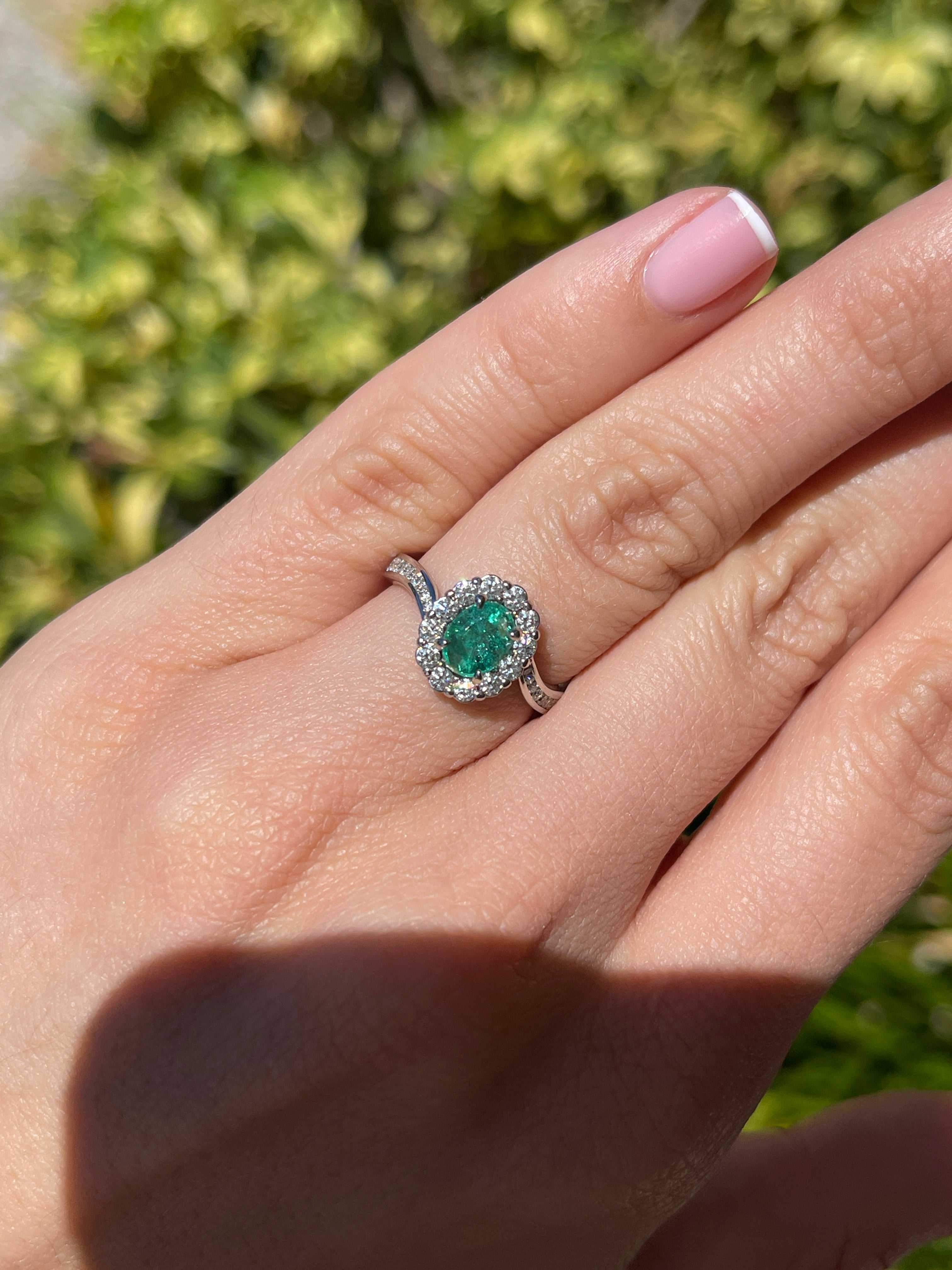 1.41tcw 14K Natural Oval Emerald & Diamond Halo Shank Engagement Ring - JR Colombian Emeralds