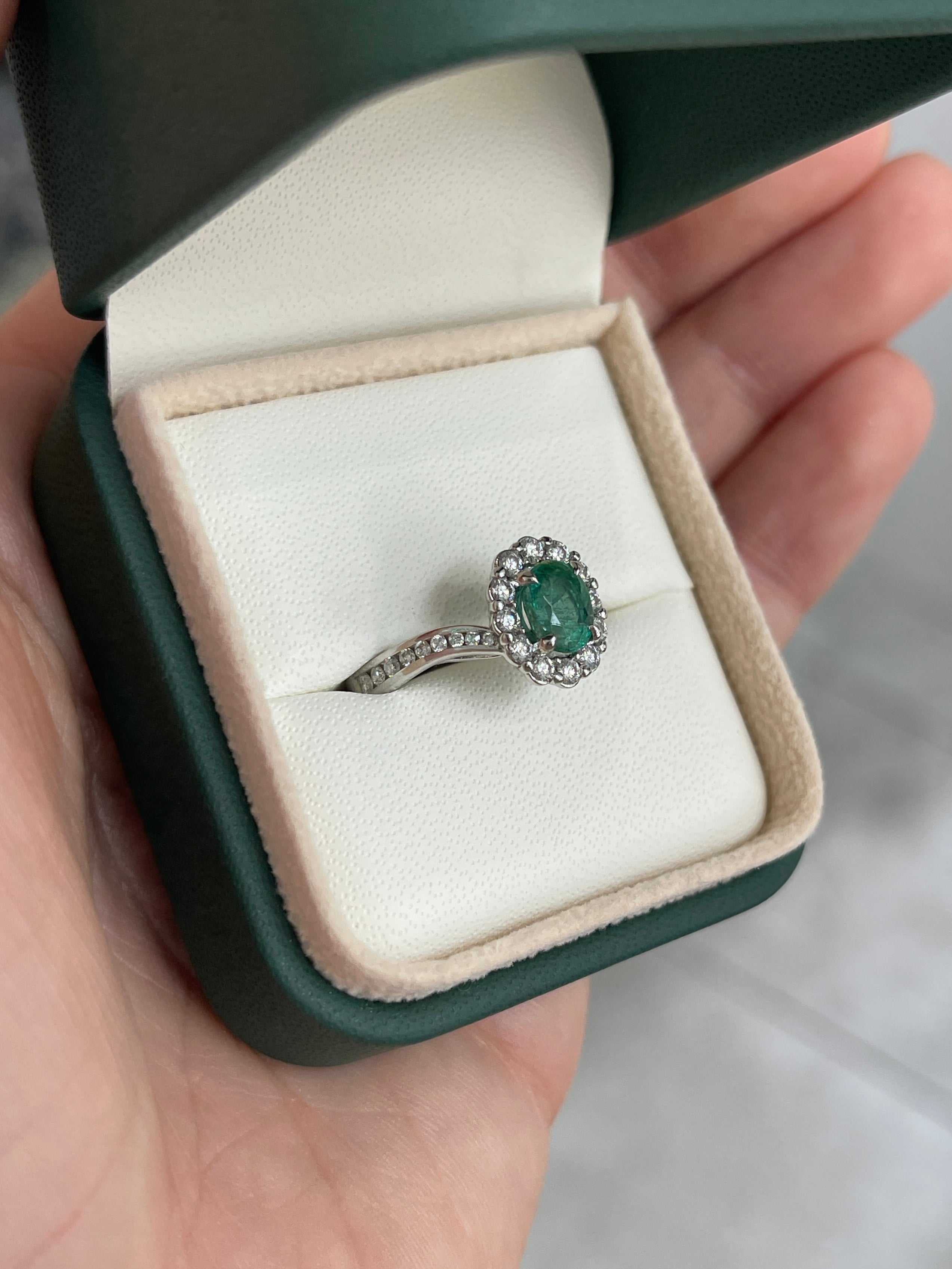 1.41tcw 14K Natural Oval Emerald & Diamond Halo Shank Engagement Ring - JR Colombian Emeralds