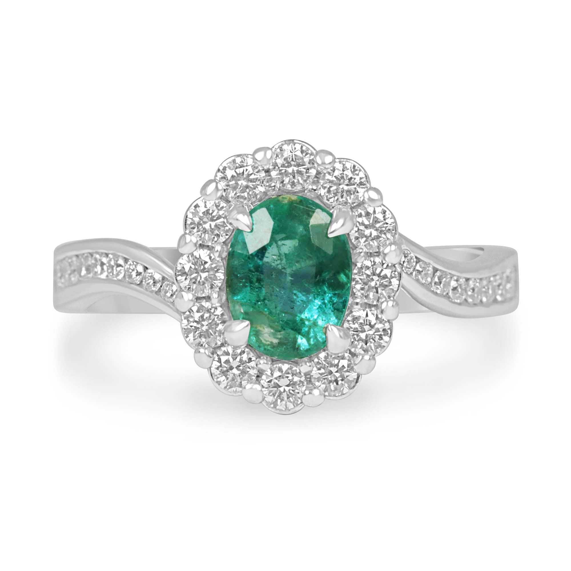 1.41tcw 14K white gold engagement ring with natural 1.01-carat oval emerald and 0.40-carat diamond halo shank