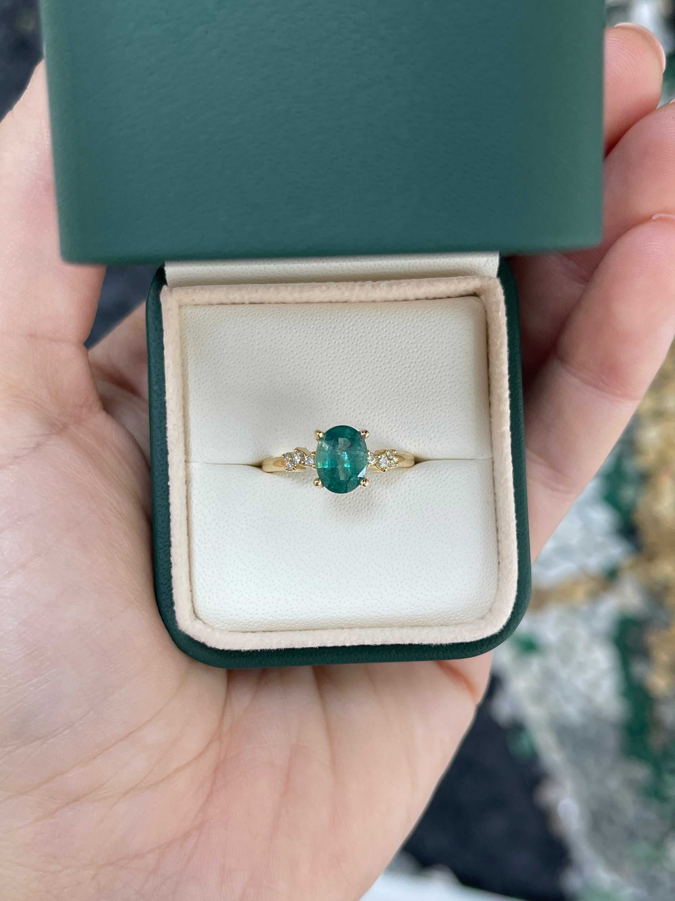 18K gold oval cut emerald and diamond constellation accent right hand ring with 1.41tcw from JR Colombian Emeralds