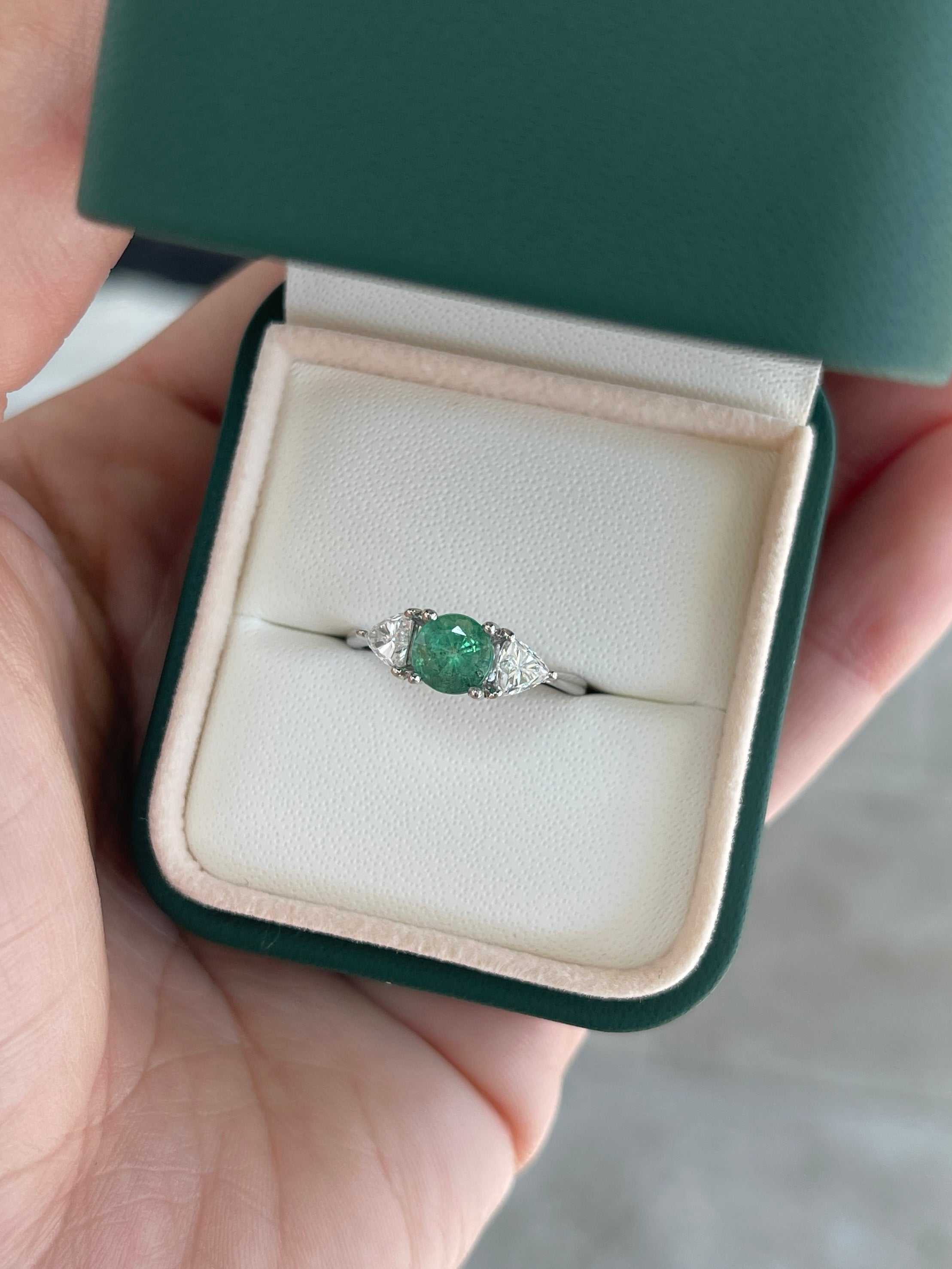 14K gold three-stone ring featuring 1.70tcw round cut emerald and lab diamond trillion accents, designed by JR Colombian Emeralds.