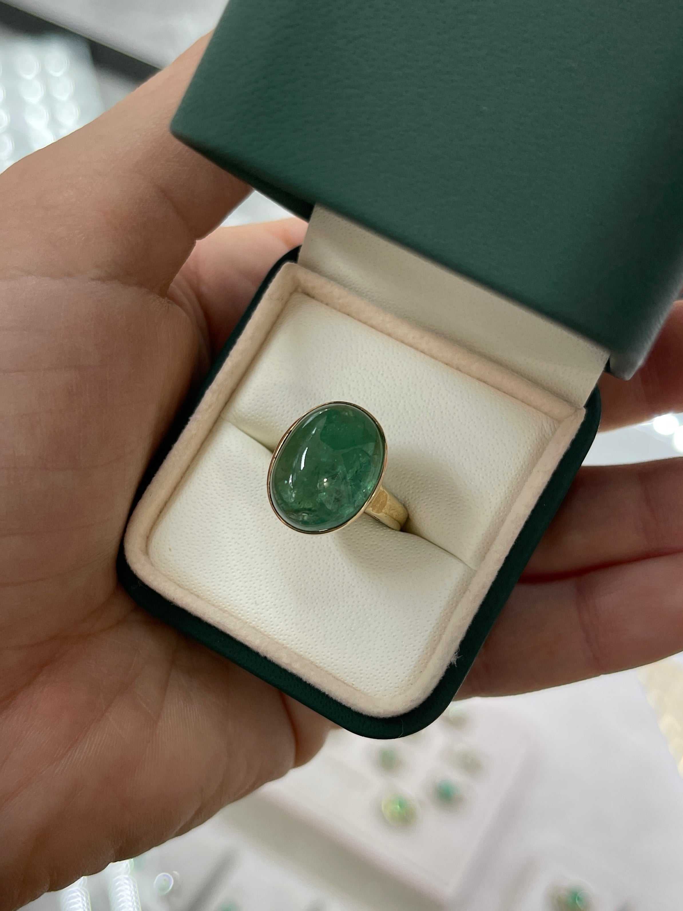 16.37 Carat Large Deep Green Cabochon Emerald Solitaire Bezel Ring 14K - JR Colombian Emeralds