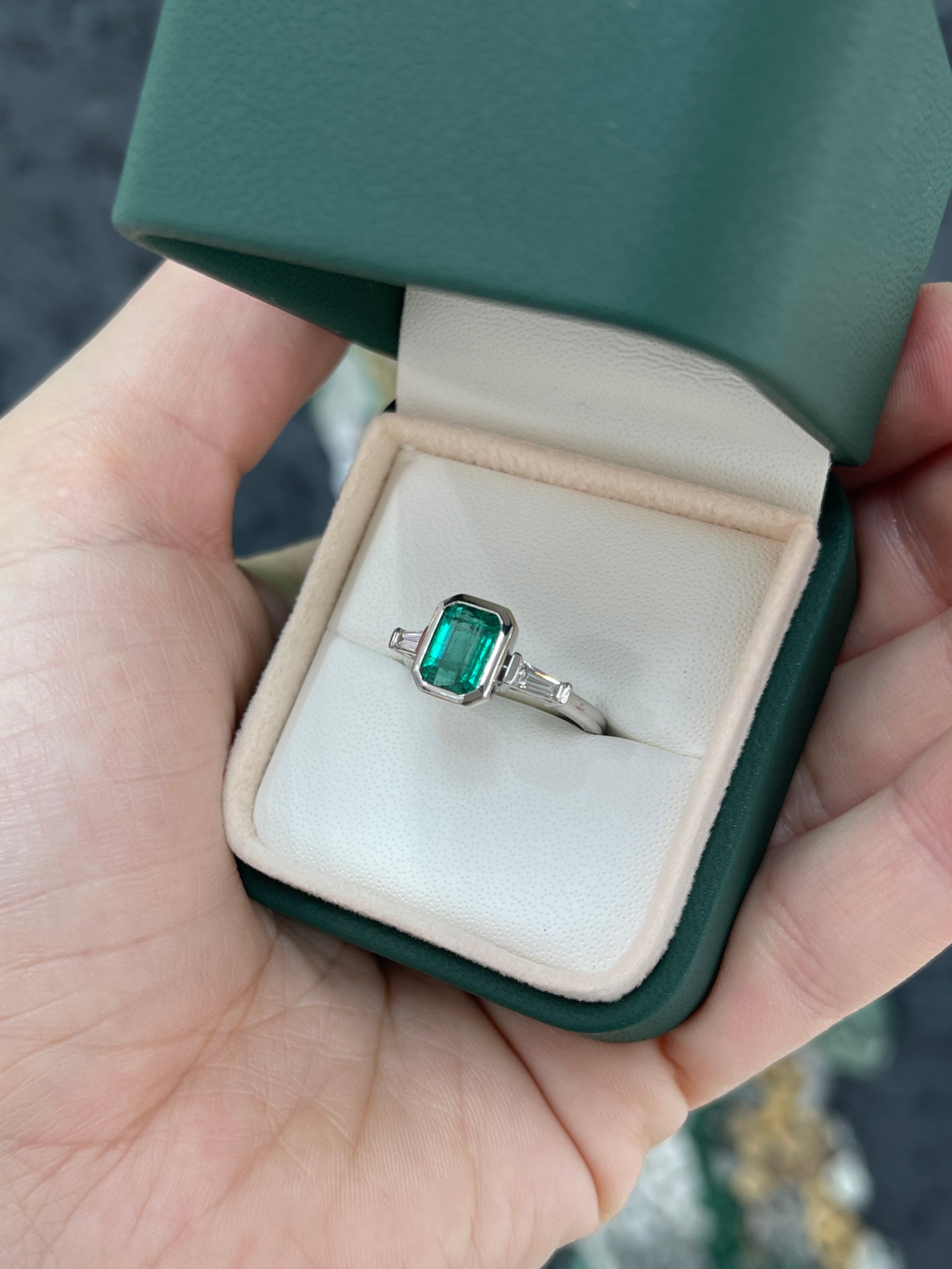 14K natural emerald cut emerald and lab diamond three-stone engagement ring with tapered baguette accents by JR Colombian Emeralds