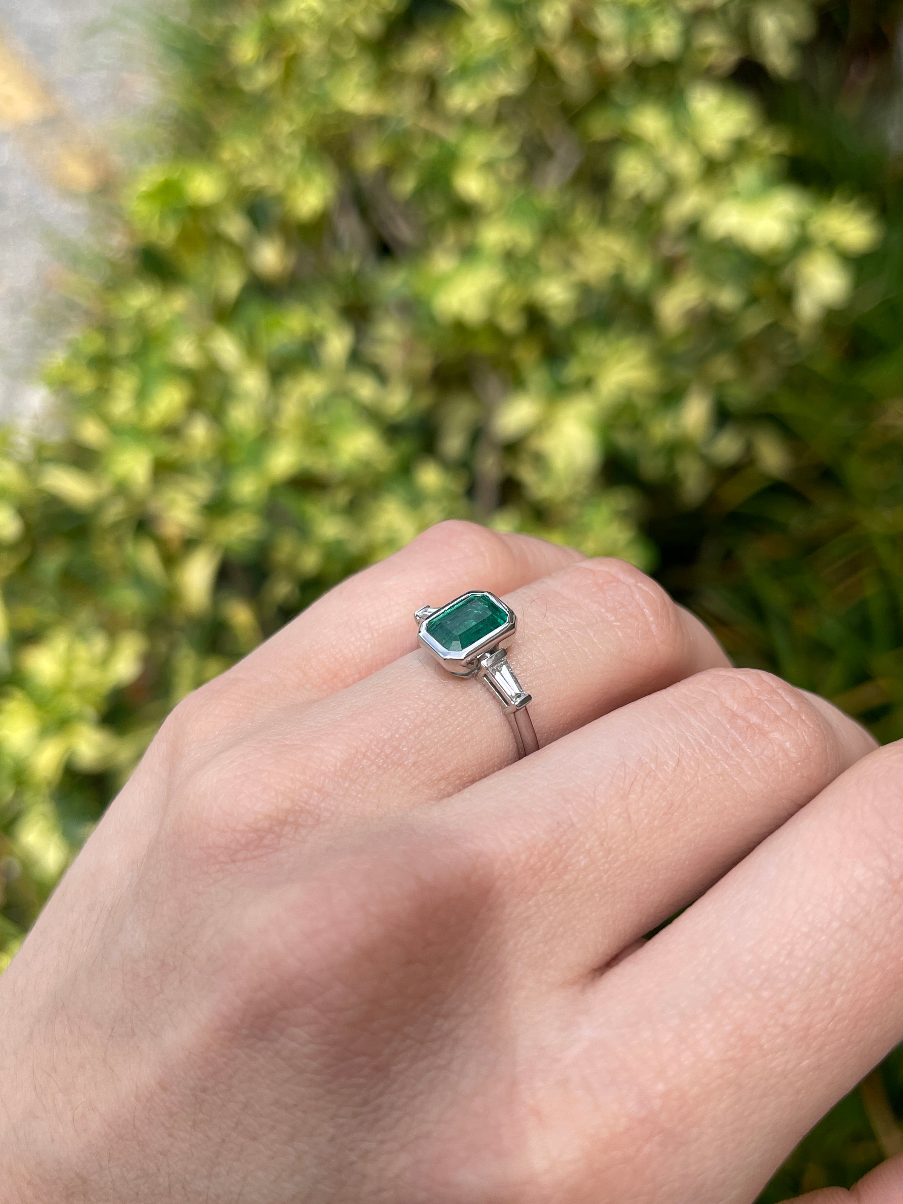 14K gold emerald cut emerald and lab diamond three-stone engagement ring with tapered baguette accents by JR Colombian Emeralds