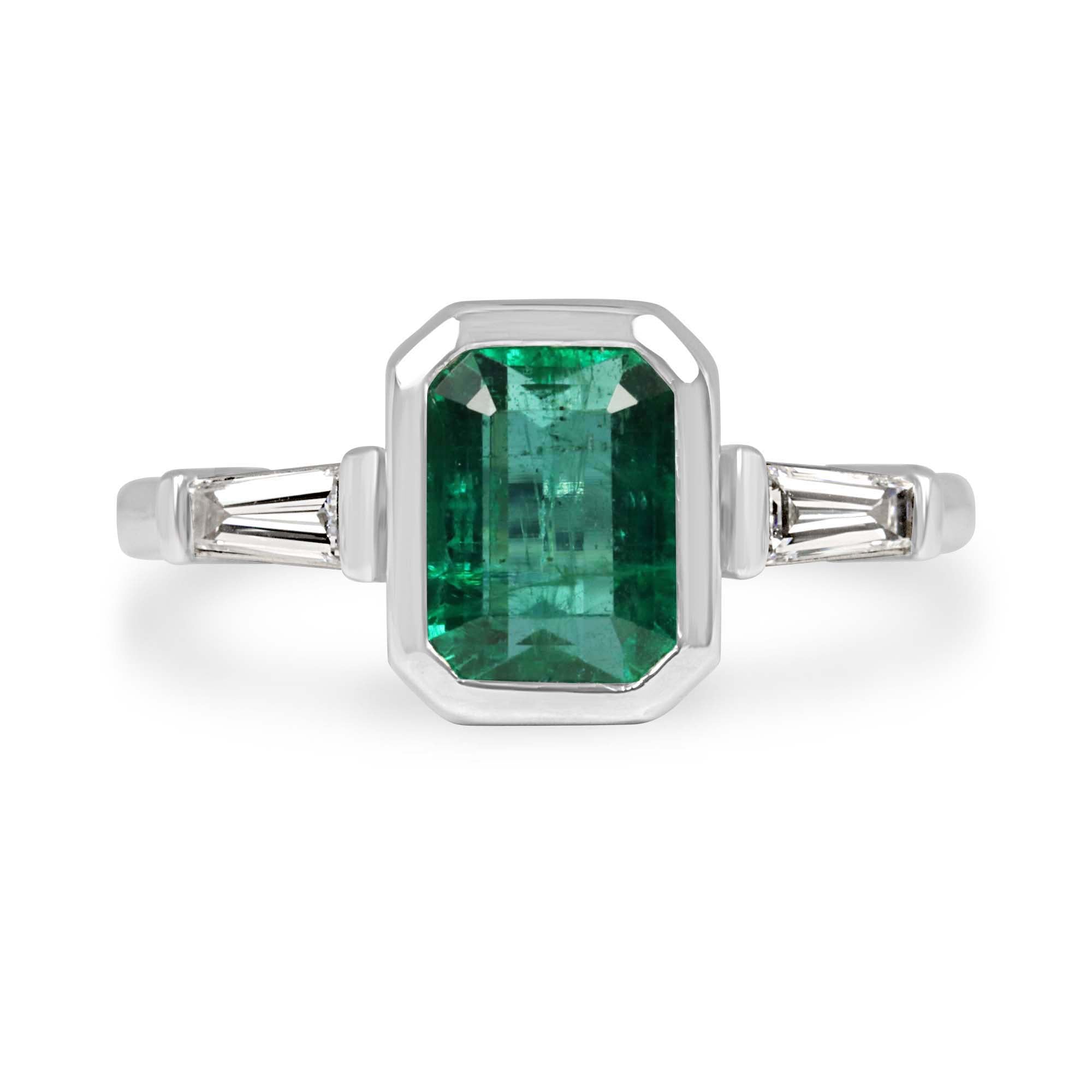 14K natural emerald and lab diamond tapered baguette three-stone engagement ring with vivid emerald cut gemstones by JR Colombian Emeralds
