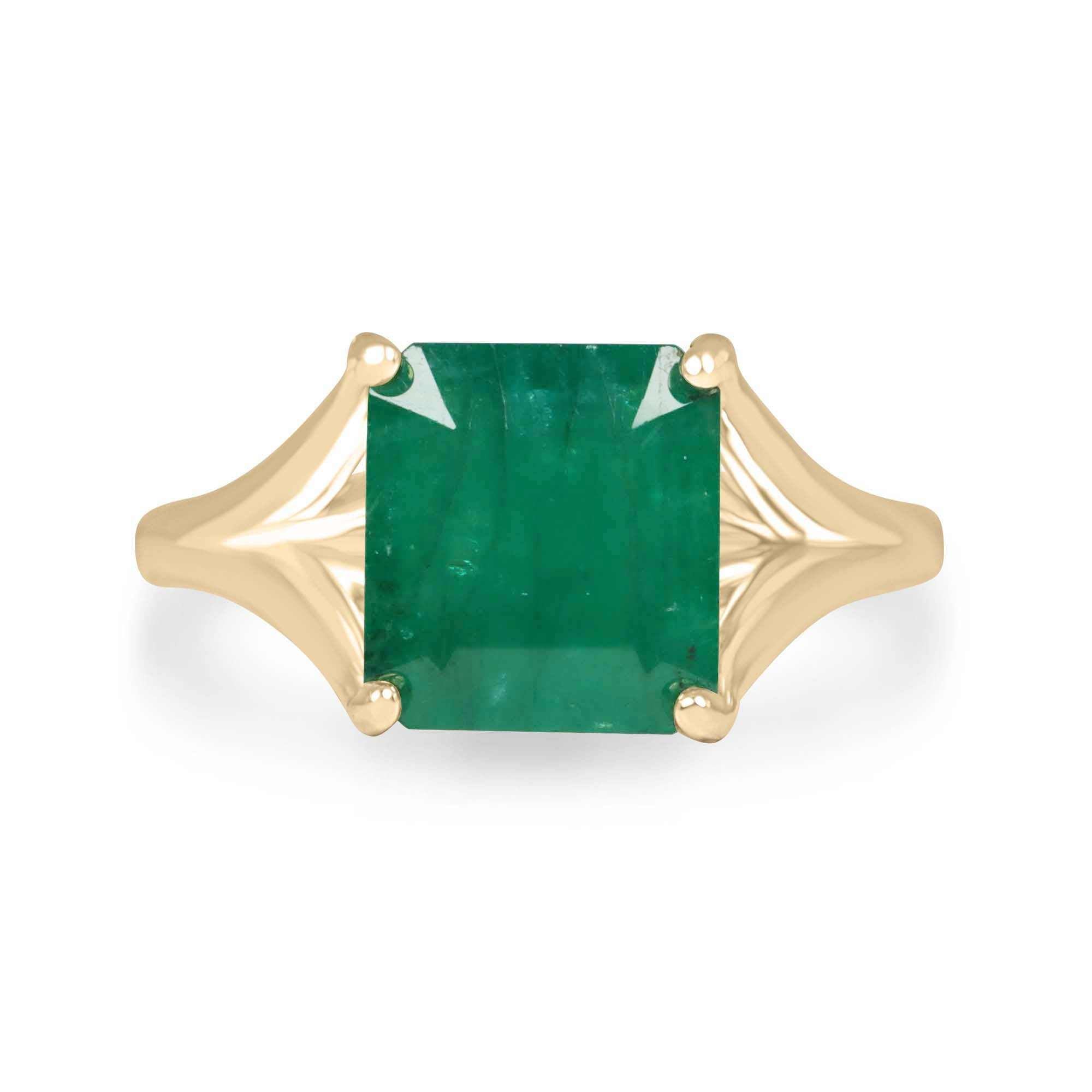 2.20ct 14K yellow gold ring with mossy green asscher cut emerald solitaire split shank setting