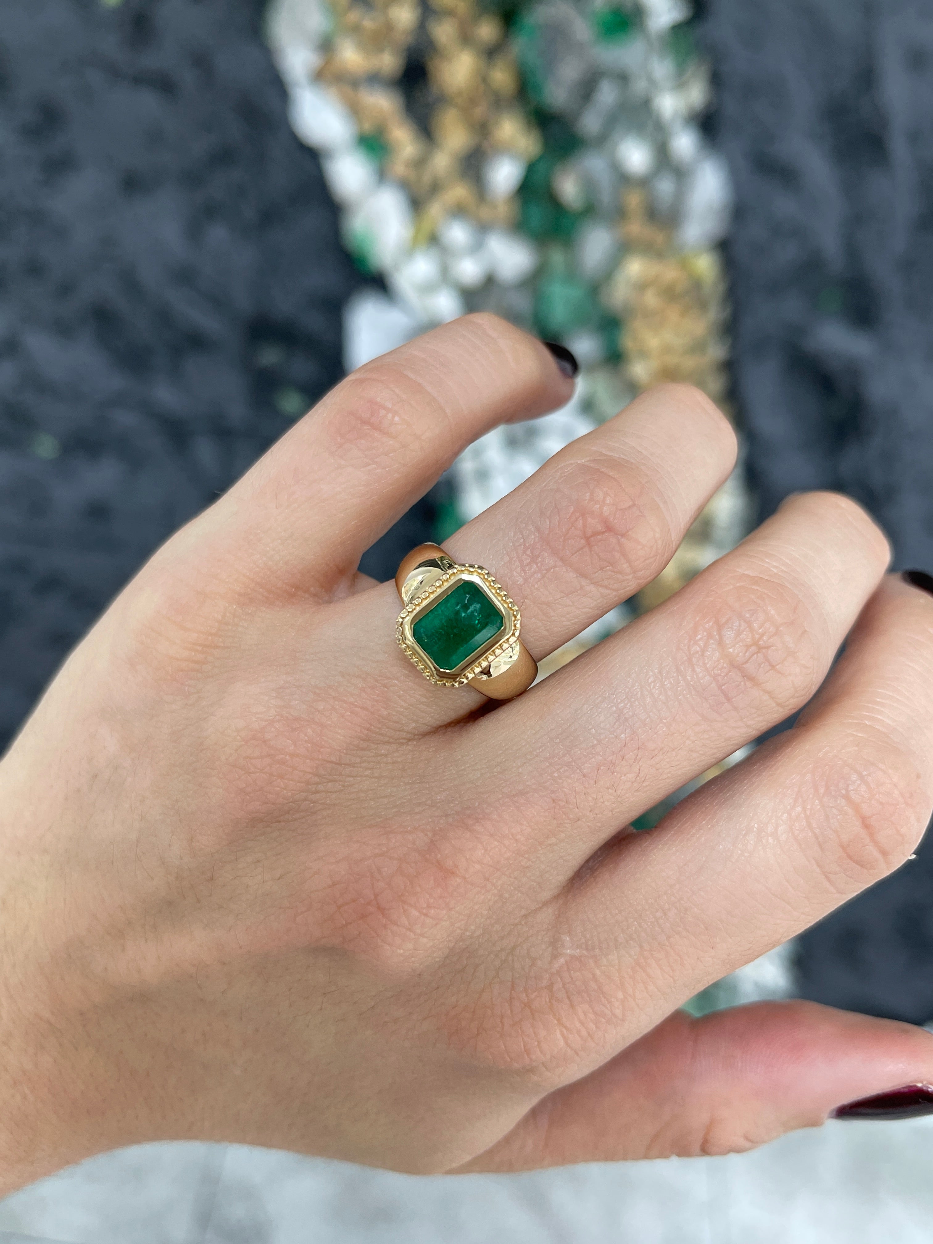 2.20cts Wide Milgrain Bezel Set Emerald Solitaire Ring 14K - JR Colombian Emeralds