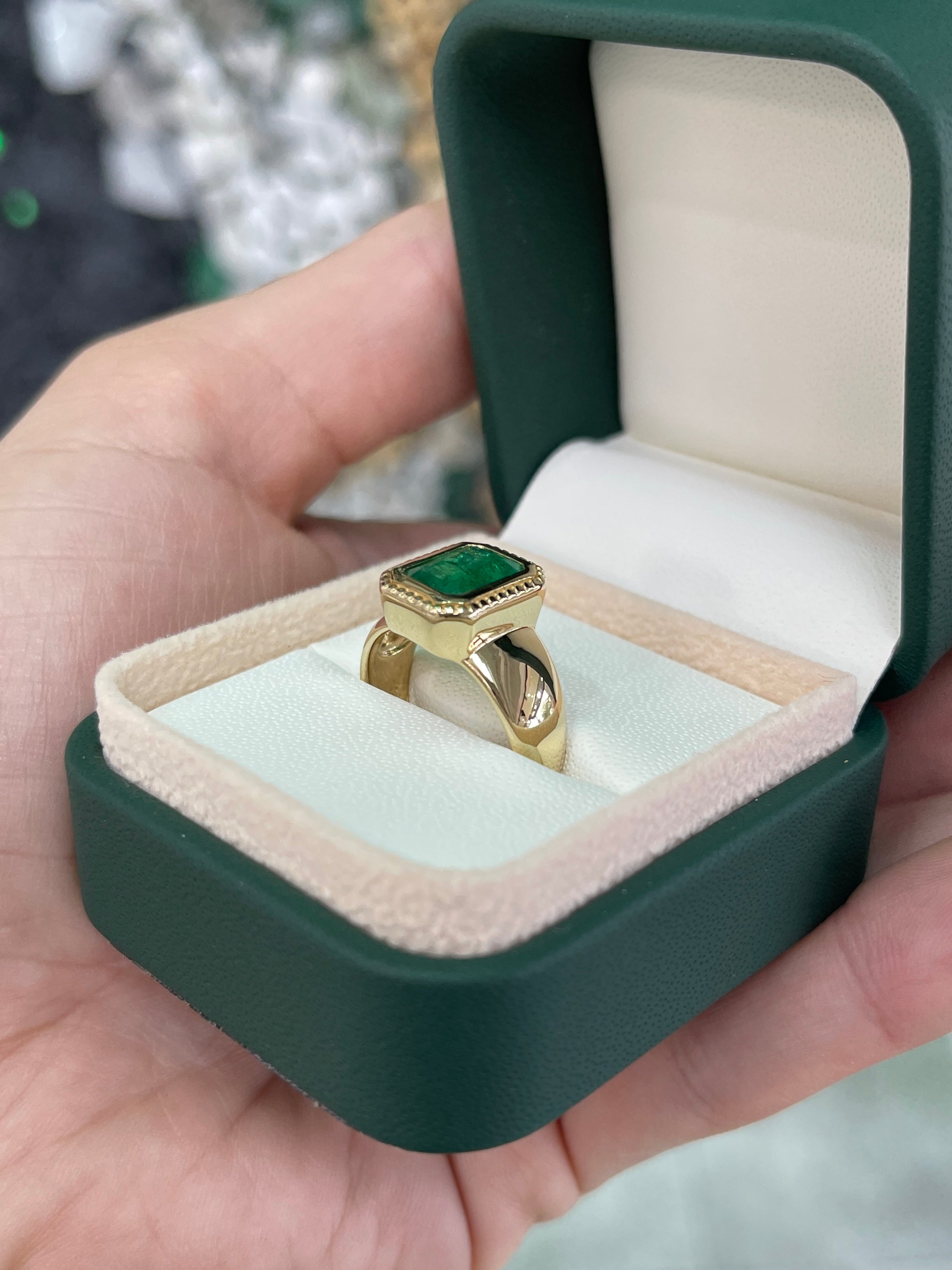 2.20cts Wide Milgrain Bezel Set Emerald Solitaire Ring 14K - JR Colombian Emeralds