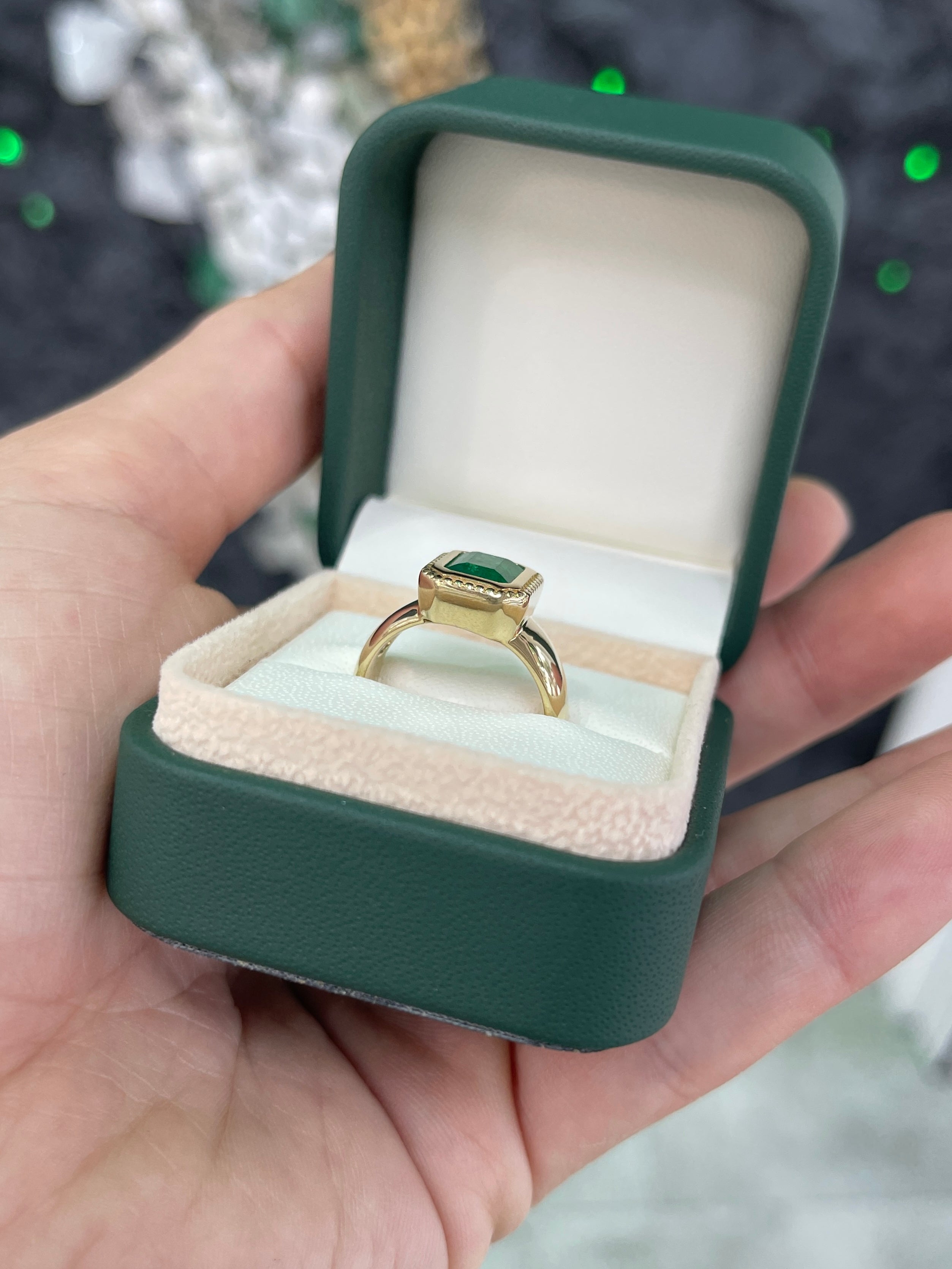 2.20cts Wide Milgrain Bezel Set Emerald Solitaire Ring 14K - JR Colombian Emeralds