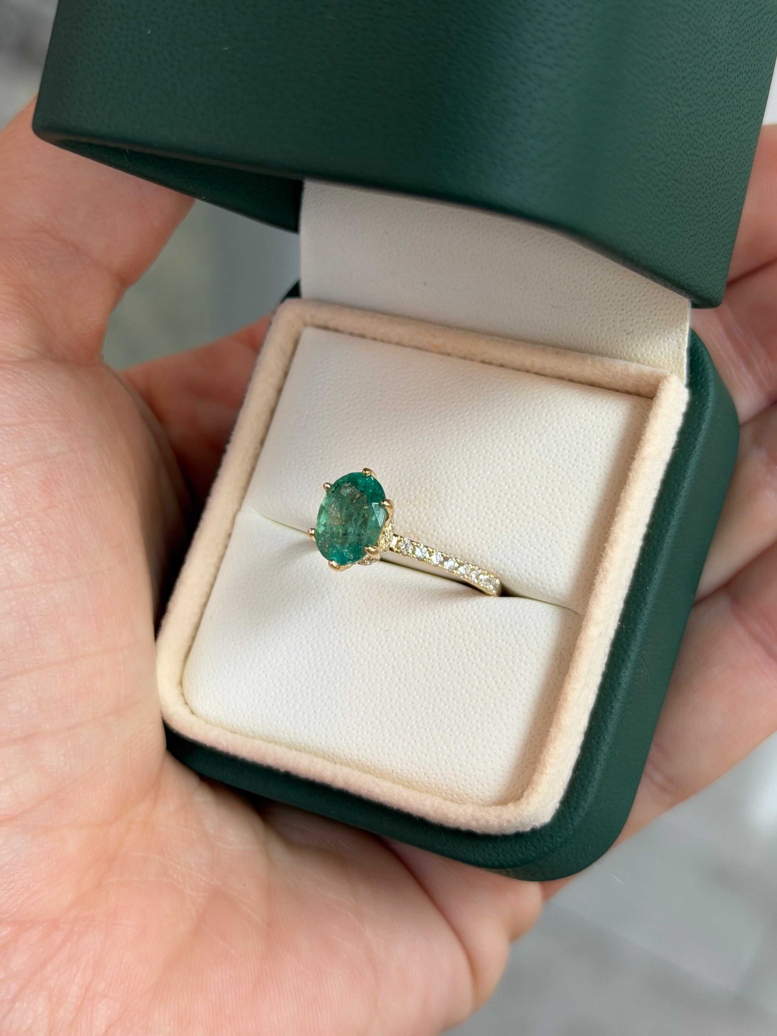 Natural oval freckled emerald engagement ring with lab diamond accents in 14K gold, featuring 2.40tcw from JR Colombian Emeralds.