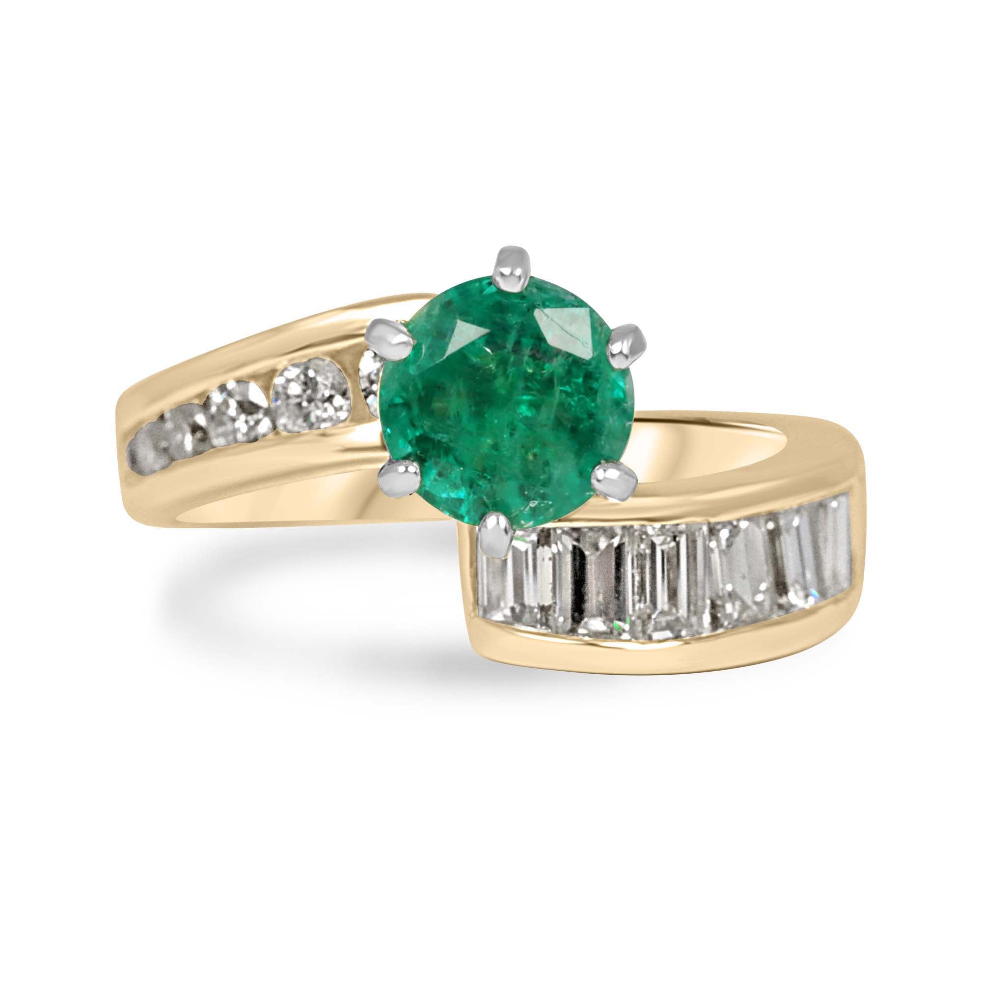 2.52tcw 18K Natural Round Emerald & Baguette Round Diamond Accent Right Hand Ring - JR Colombian Emeralds