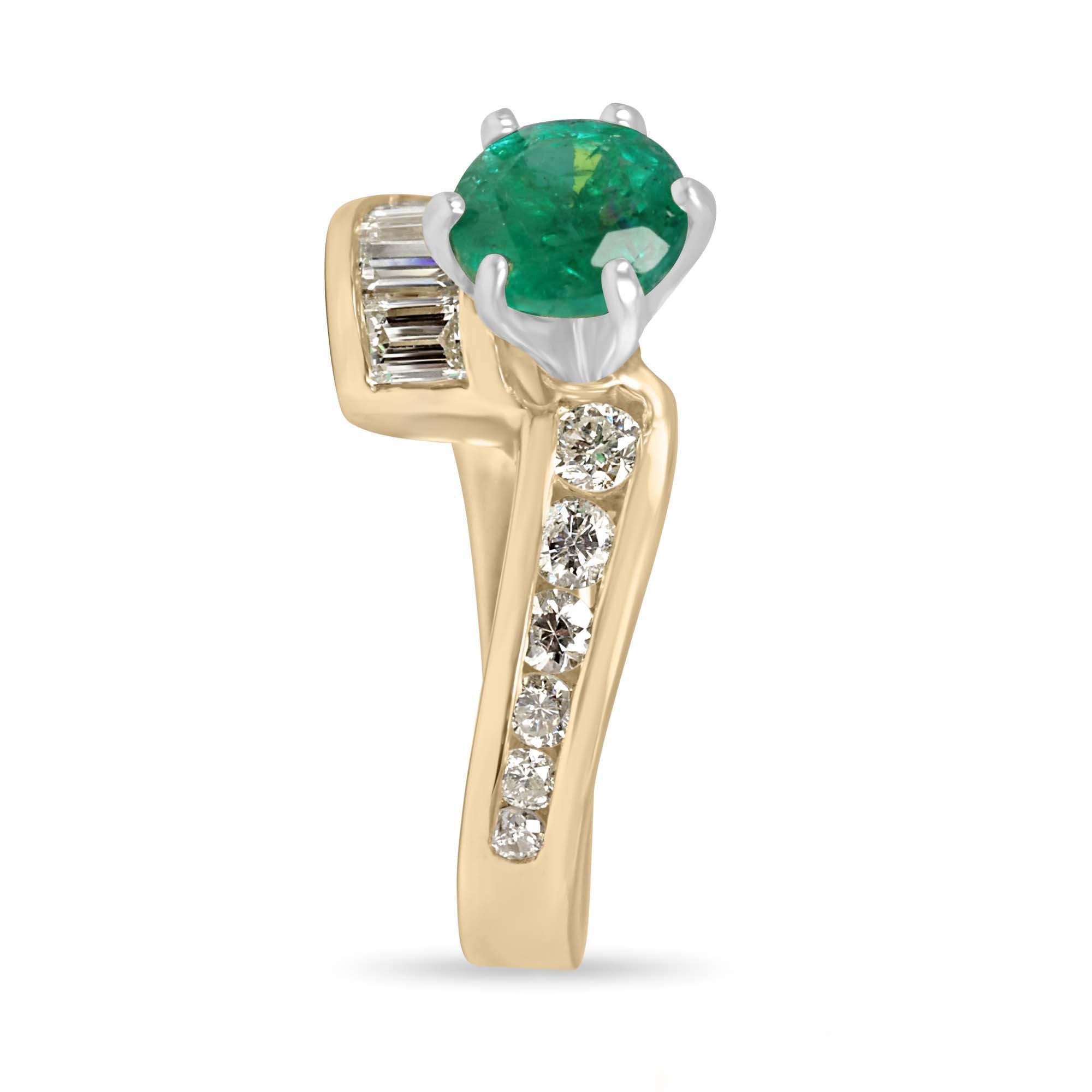 2.52tcw 18K Natural Round Emerald & Baguette Round Diamond Accent Right Hand Ring - JR Colombian Emeralds
