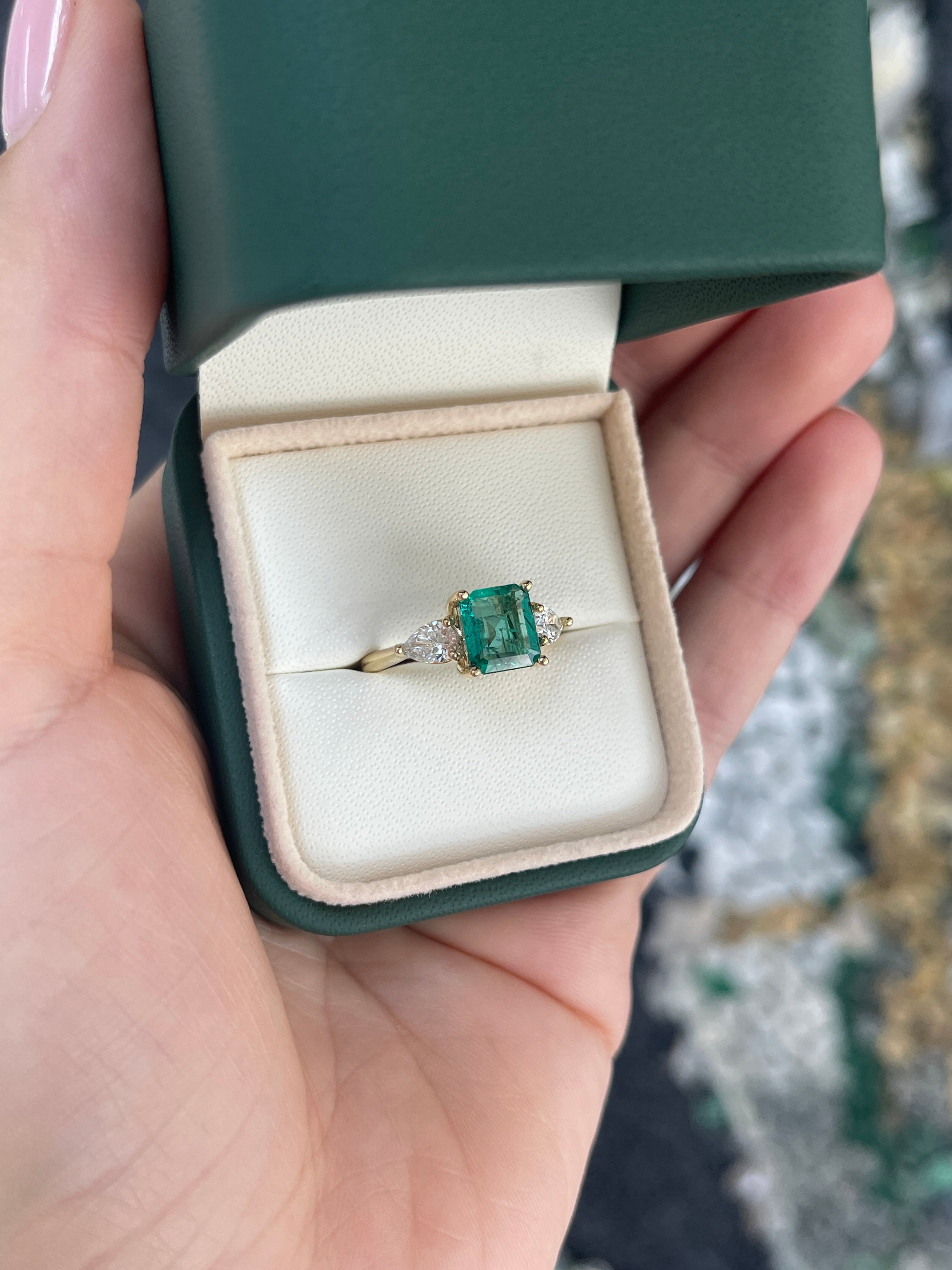 14K natural freckled emerald and lab diamond three-stone engagement ring with Asscher cut emerald and pear-shaped diamonds by JR Colombian Emeralds