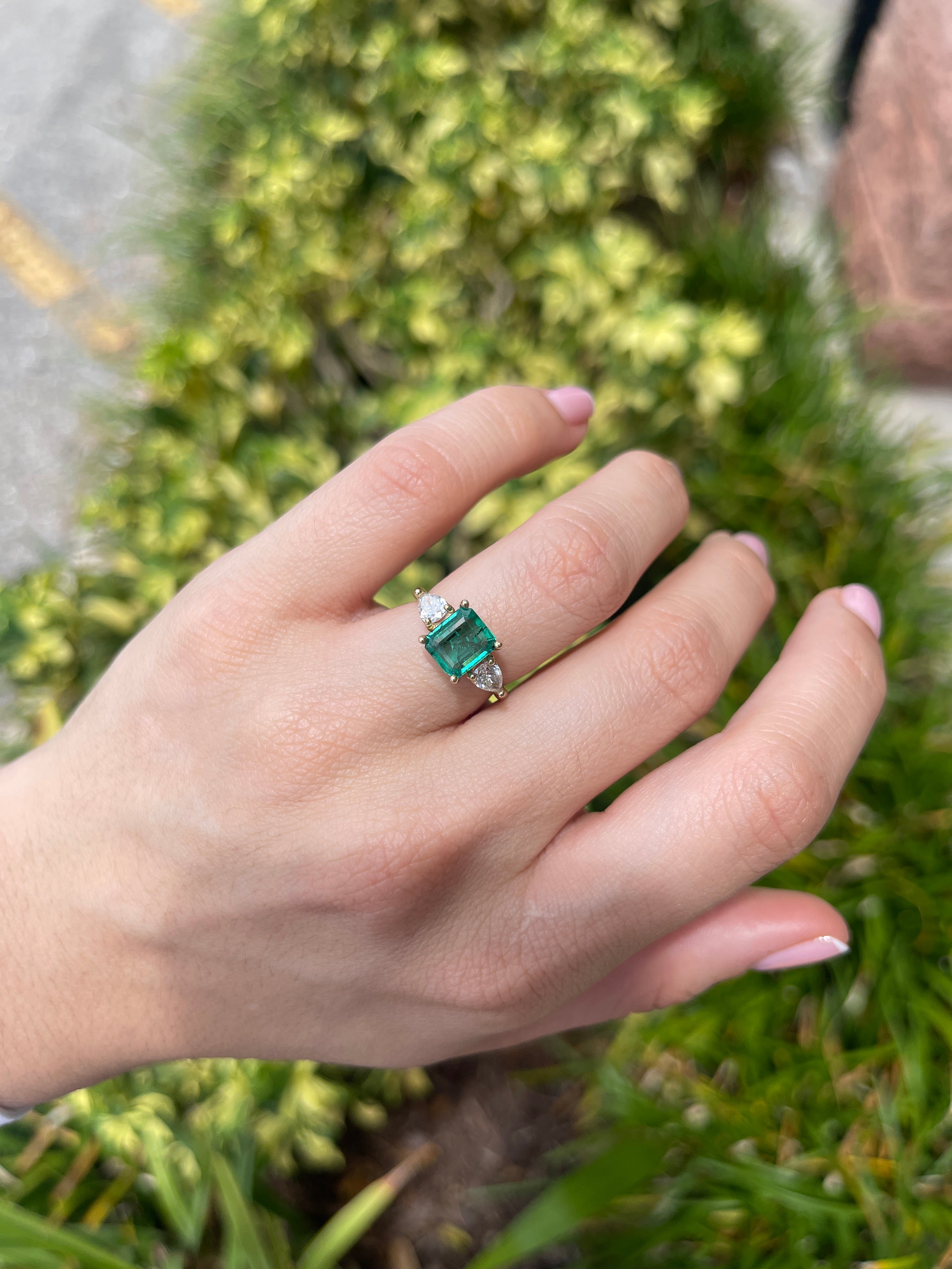 14K natural freckled emerald and lab diamond three-stone engagement ring with asscher cut emerald and pear-shaped diamonds by JR Colombian Emeralds