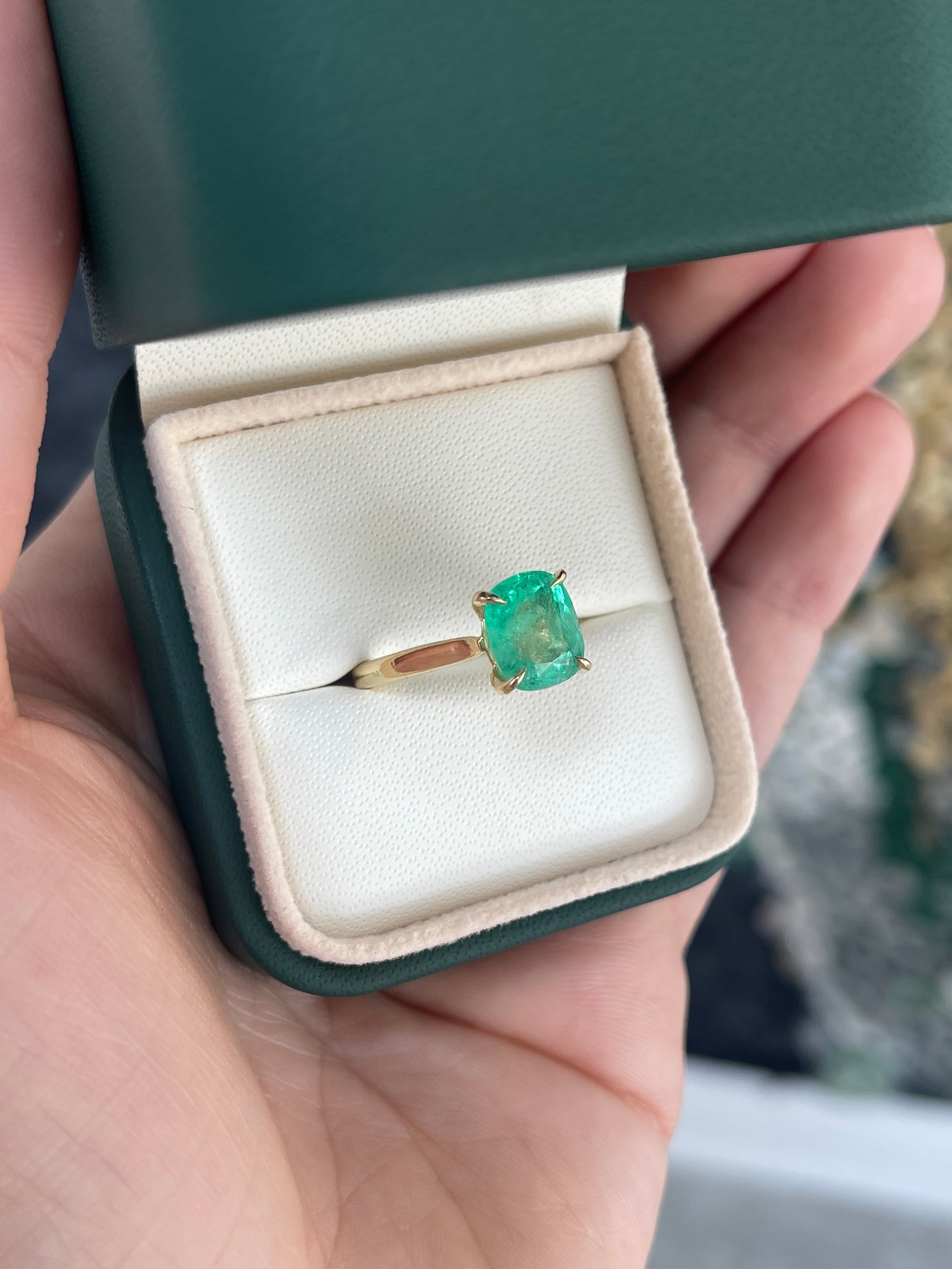 2.75ct 14K Electric Green Cushion Cut Colombian Emerald Cathedral Setting Solitaire Ring - JR Colombian Emeralds