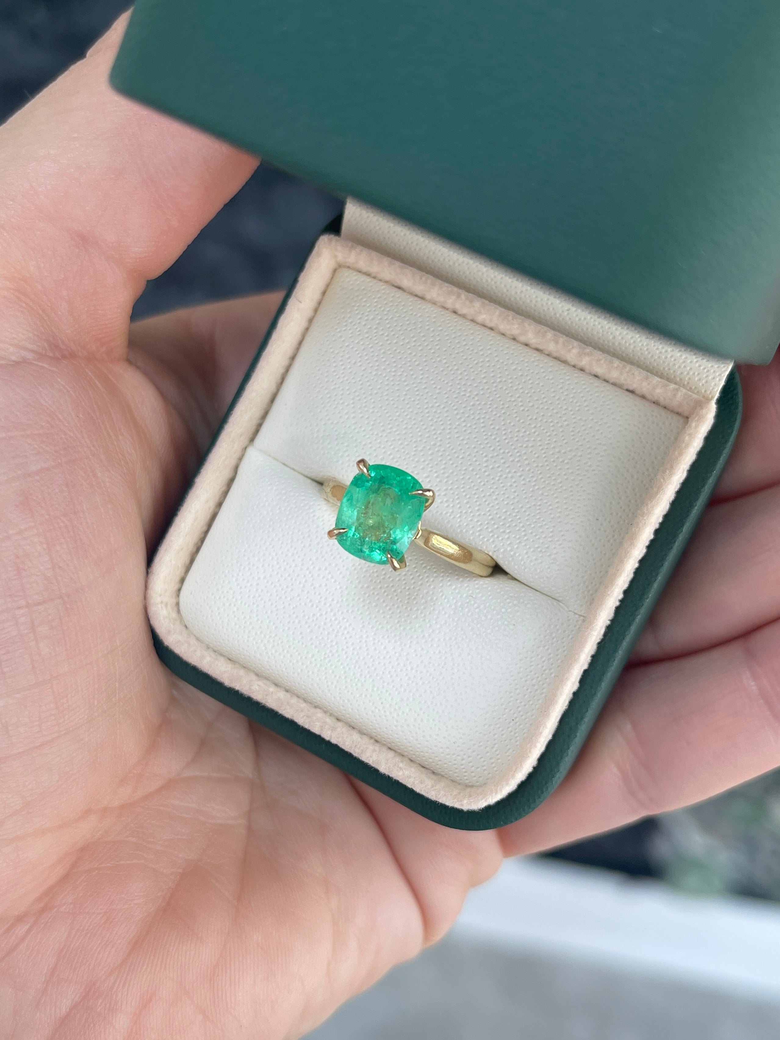 2.75ct 14K Electric Green Cushion Cut Colombian Emerald Cathedral Setting Solitaire Ring - JR Colombian Emeralds