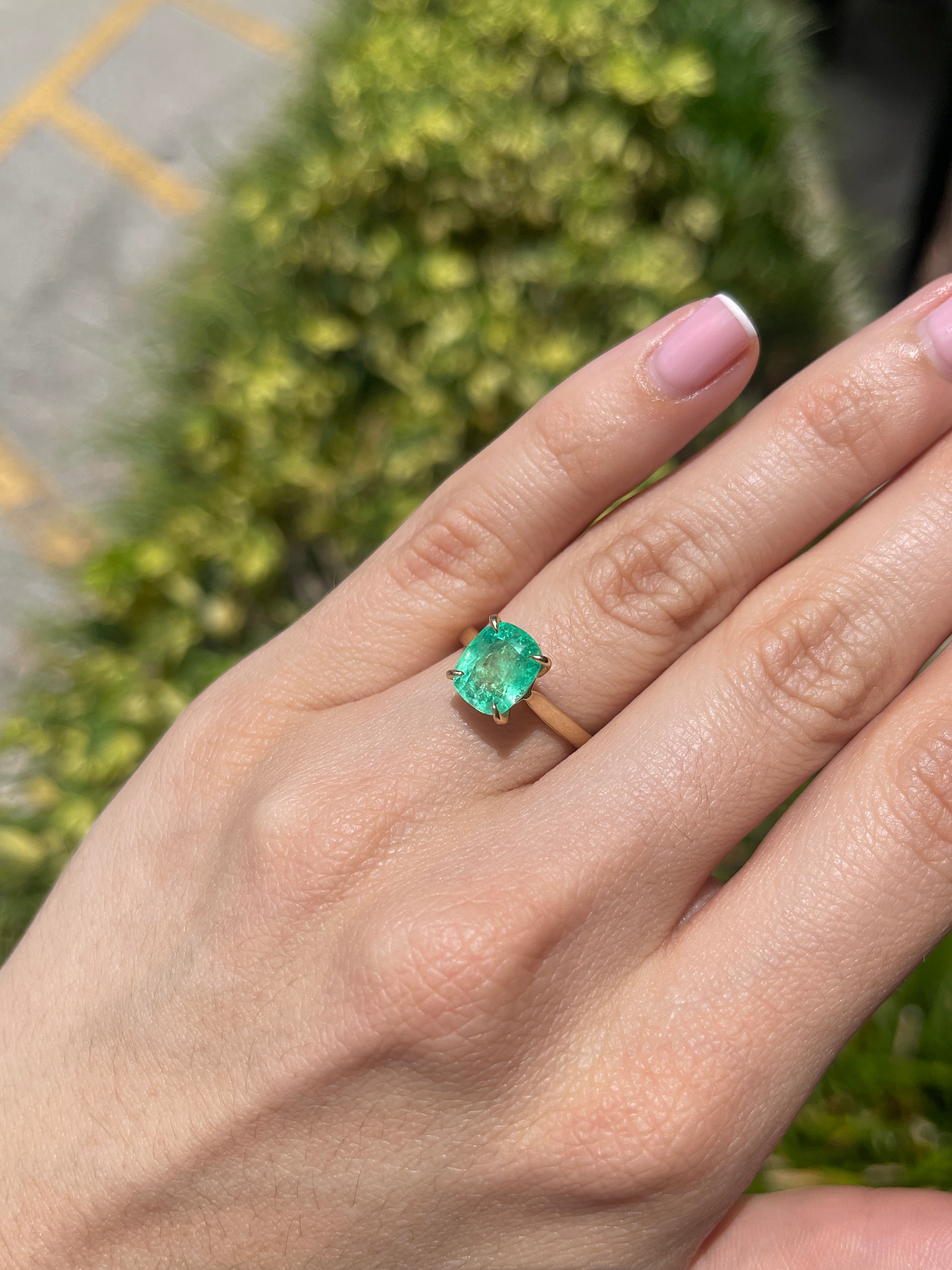 2.75ct 14K Electric Green Cushion Cut Colombian Emerald Cathedral Setting Solitaire Ring - JR Colombian Emeralds
