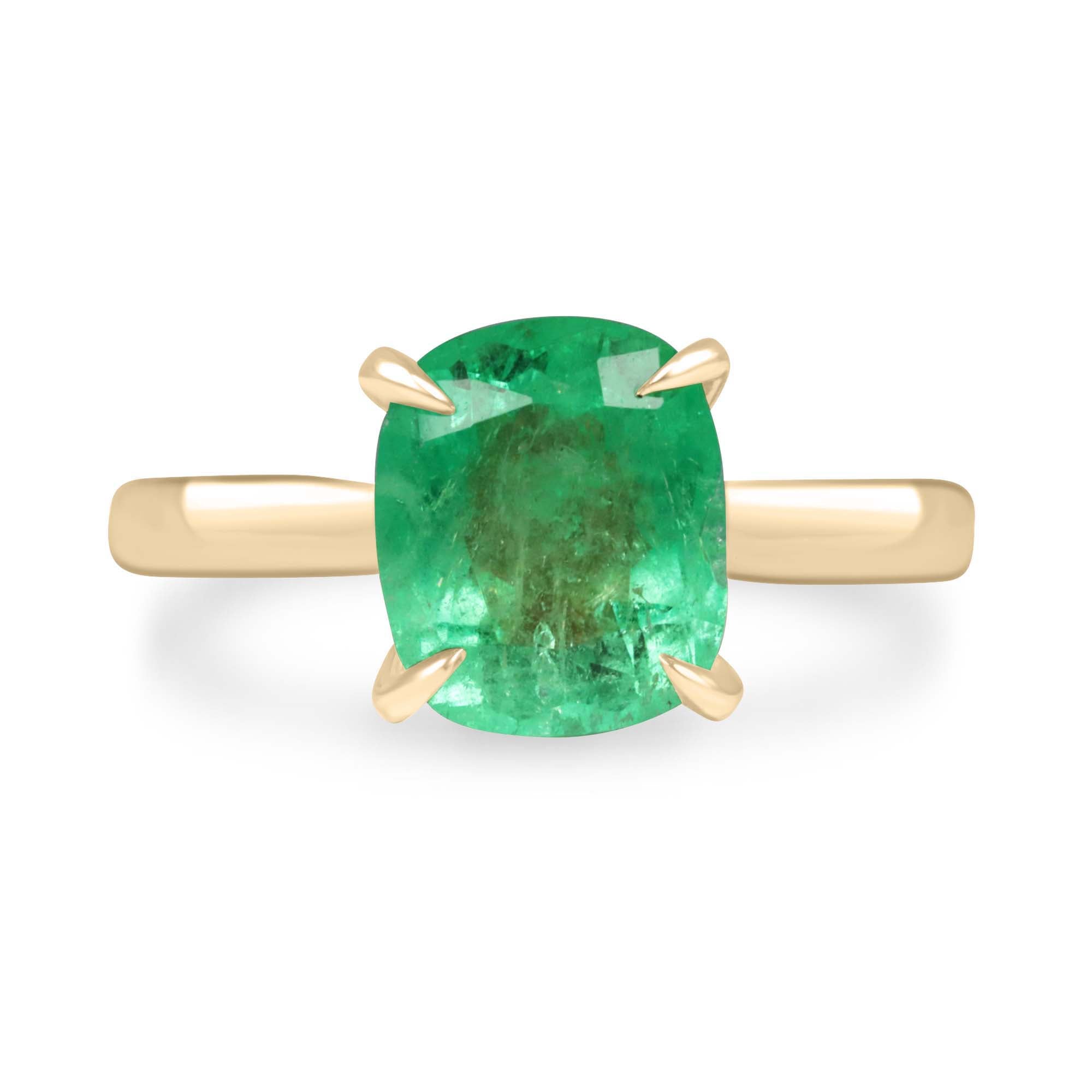 2.75ct 14K Electric Green Cushion Cut Colombian Emerald Cathedral Setting Solitaire Ring - JR Colombian Emeralds