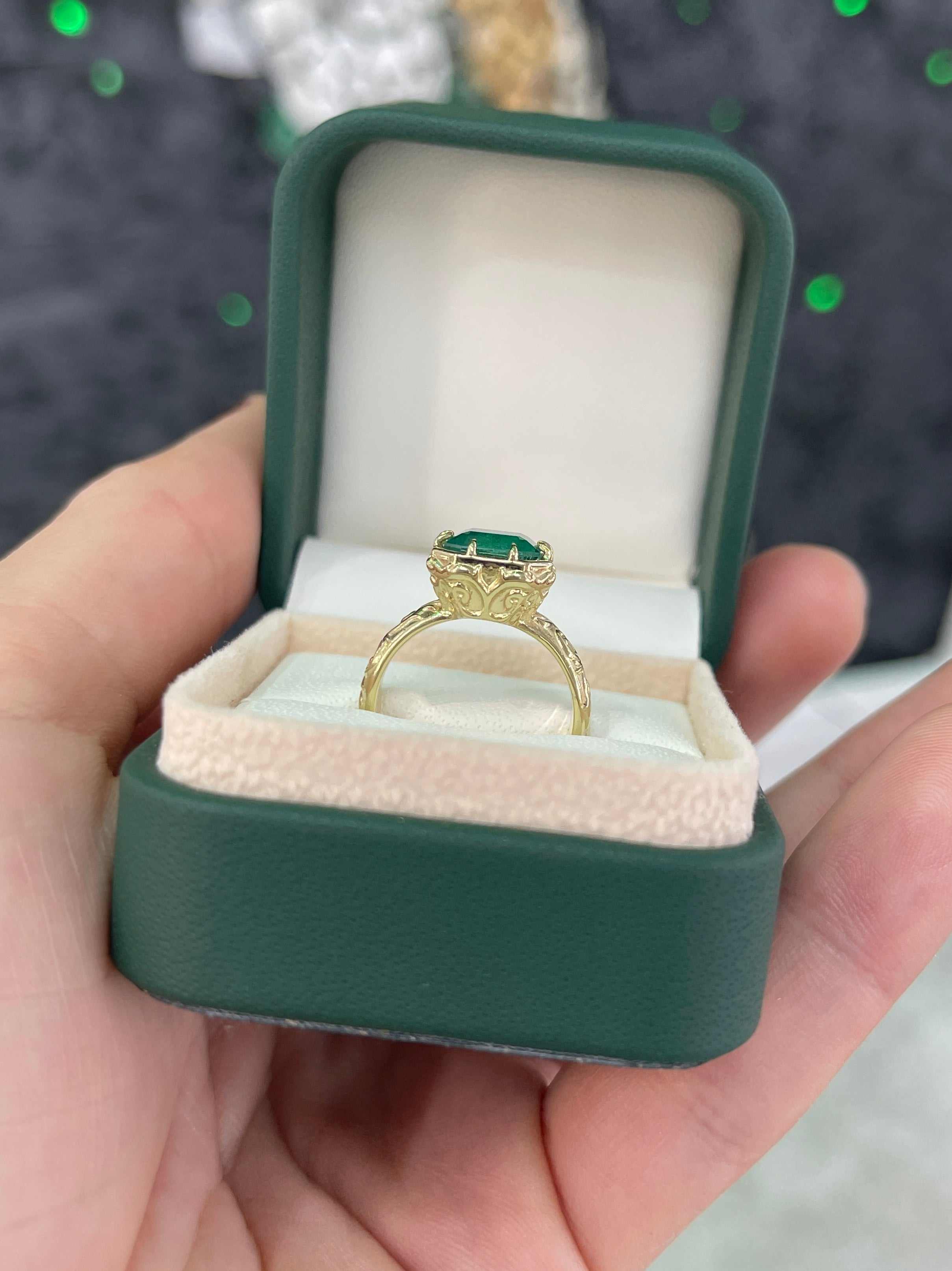 2.85 Carat 14K Scroll Work Chunky Emerald Cut Ladies Engagement Ring - JR Colombian Emeralds