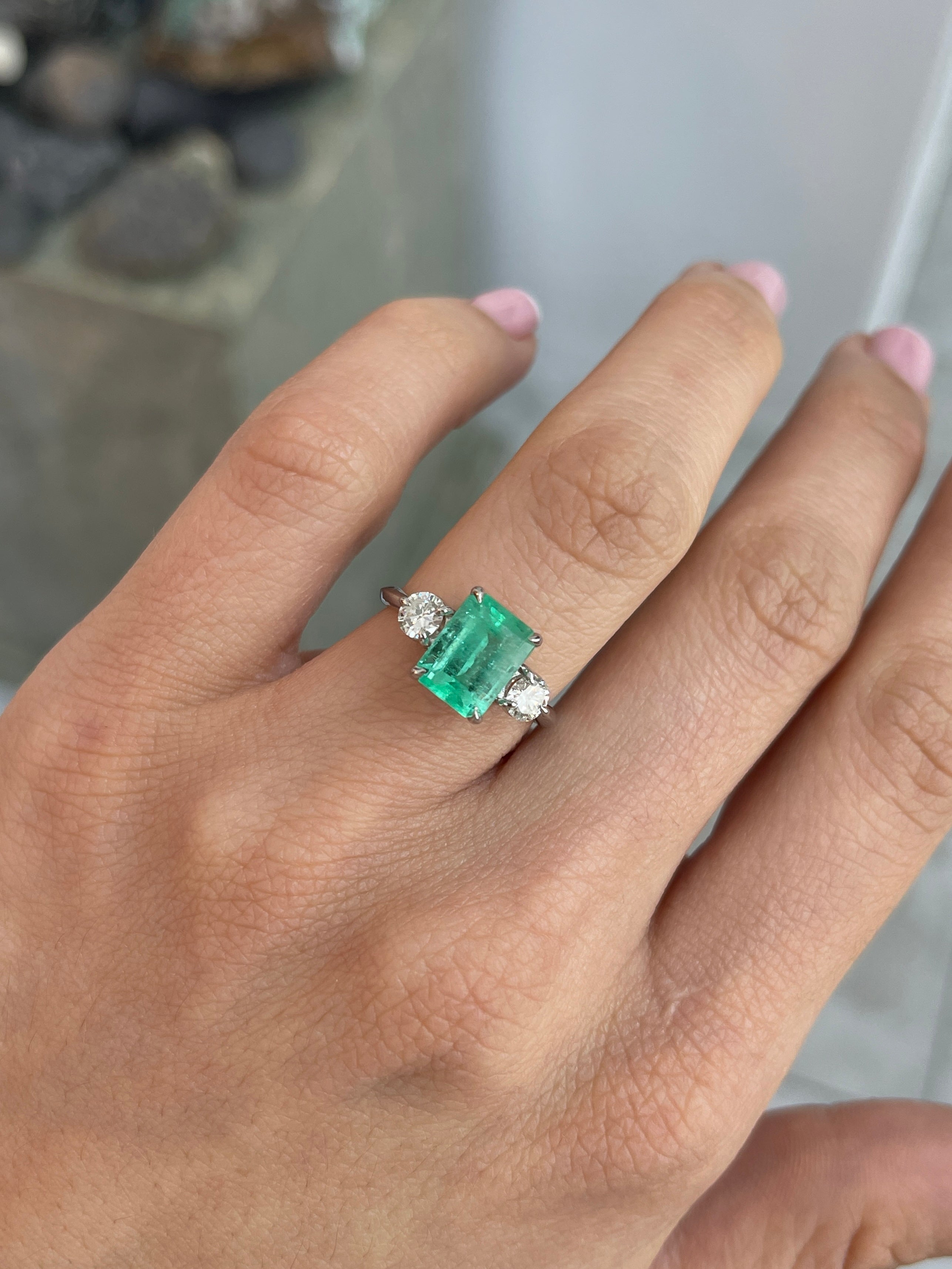 2.95tcw Emerald Cut Colombian Emerald And Diamond Three Stone Engagement Ring 14K White Gold - JR Colombian Emeralds