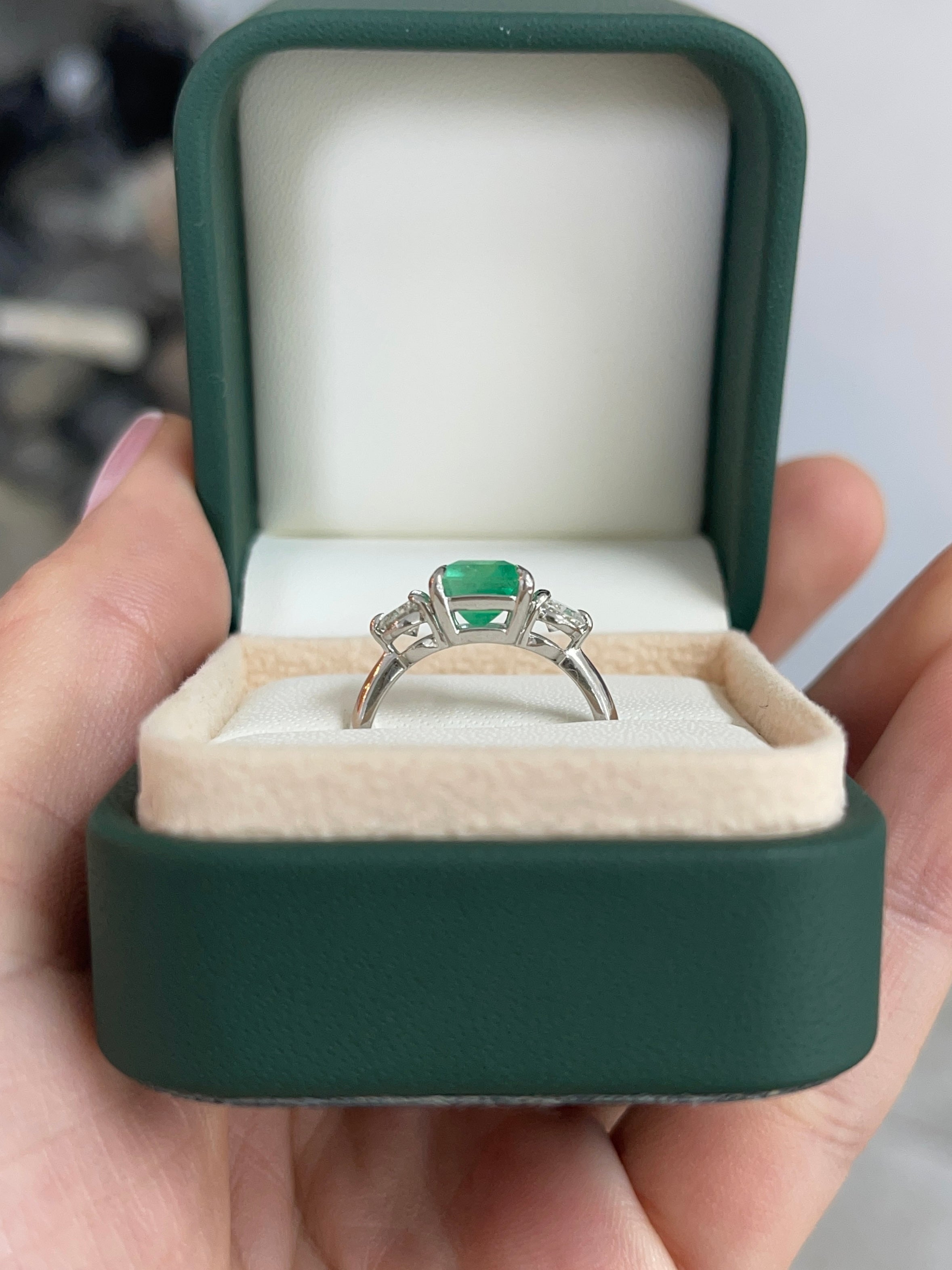 2.95tcw Emerald Cut Colombian Emerald And Diamond Three Stone Engagement Ring 14K White Gold - JR Colombian Emeralds