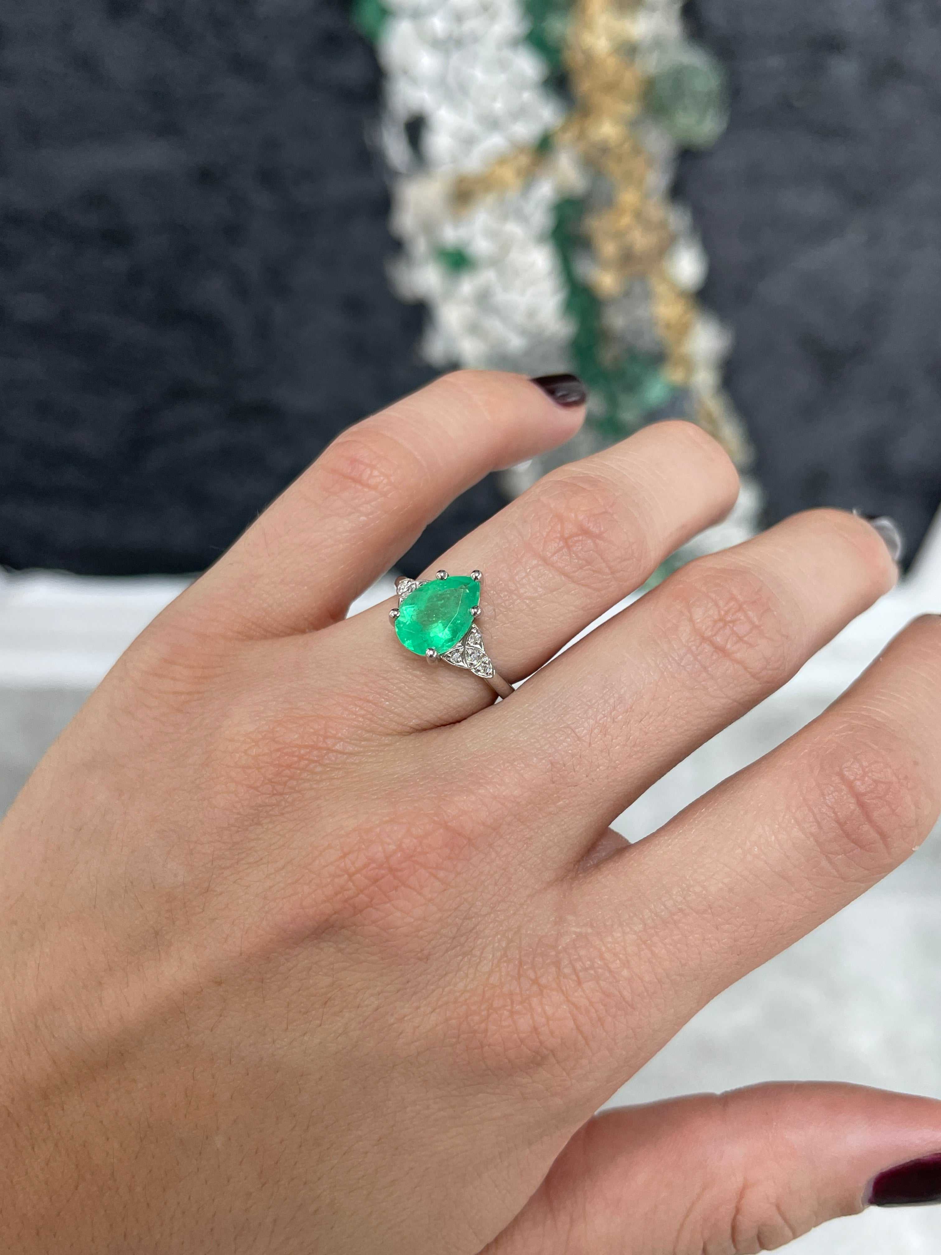 3.11tcw 14K Pear Shaped Emerald & Diamond Accent Ring White Gold - JR Colombian Emeralds