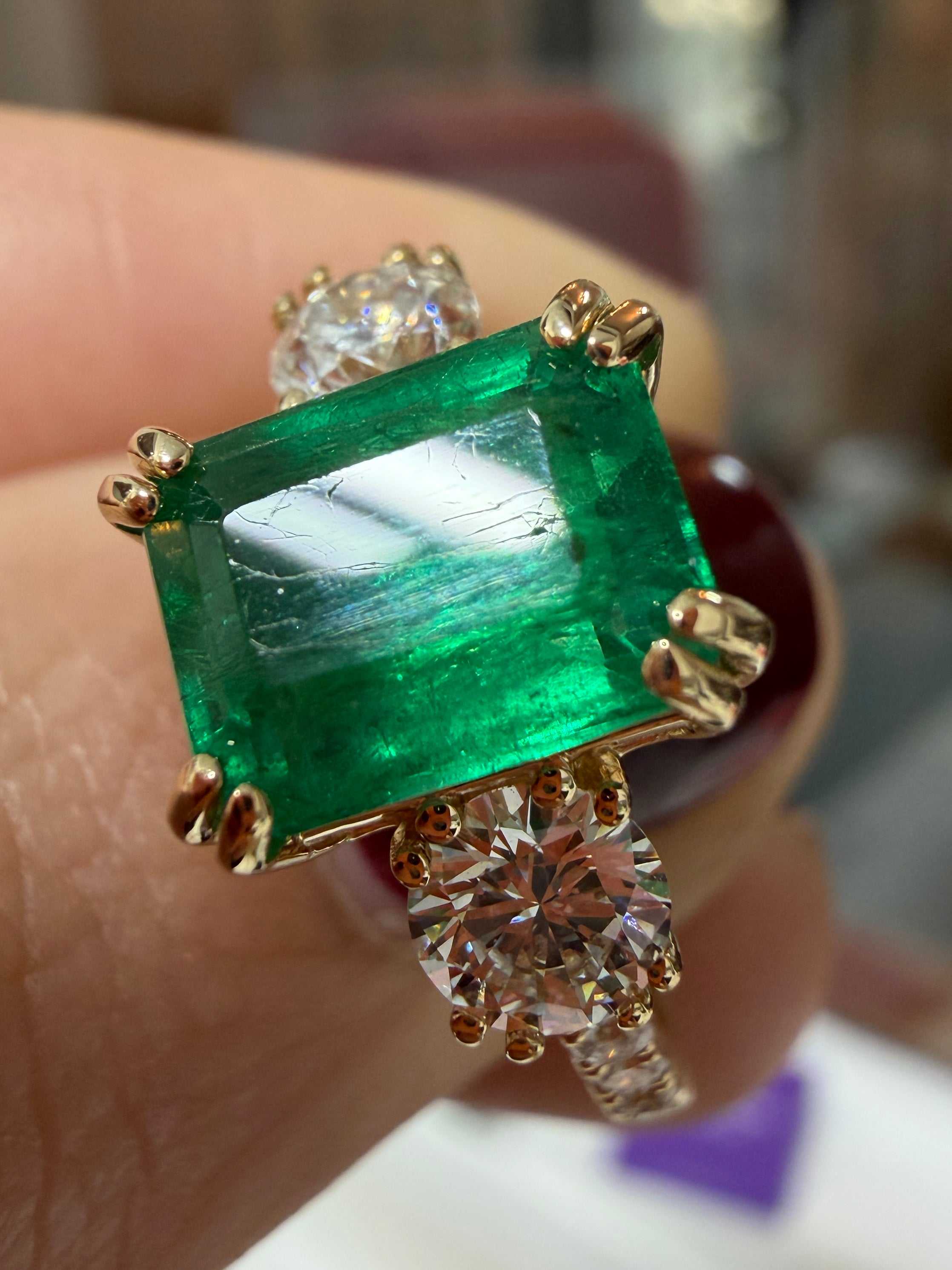 3.16tcw Classic Emerald Cut & Lab Diamond Three Stone with Accents 14K - JR Colombian Emeralds