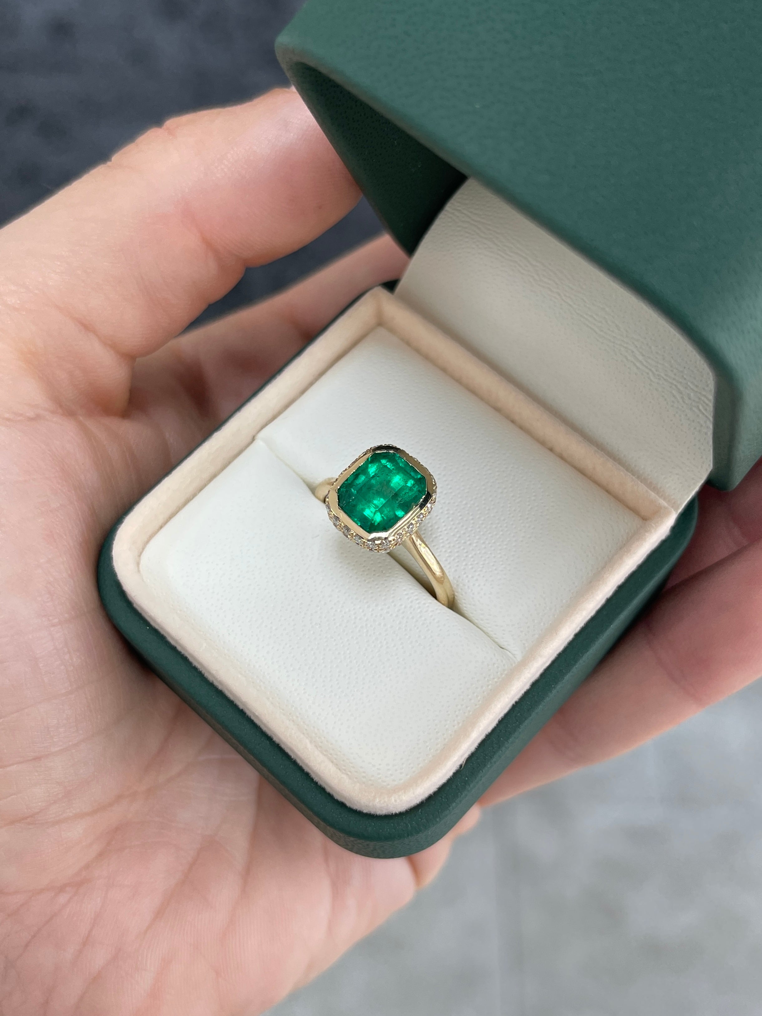 14K Colombian Emerald and Diamond Pave Halo Statement Ring featuring a 3.19tcw bezel set emerald by JR Colombian Emeralds