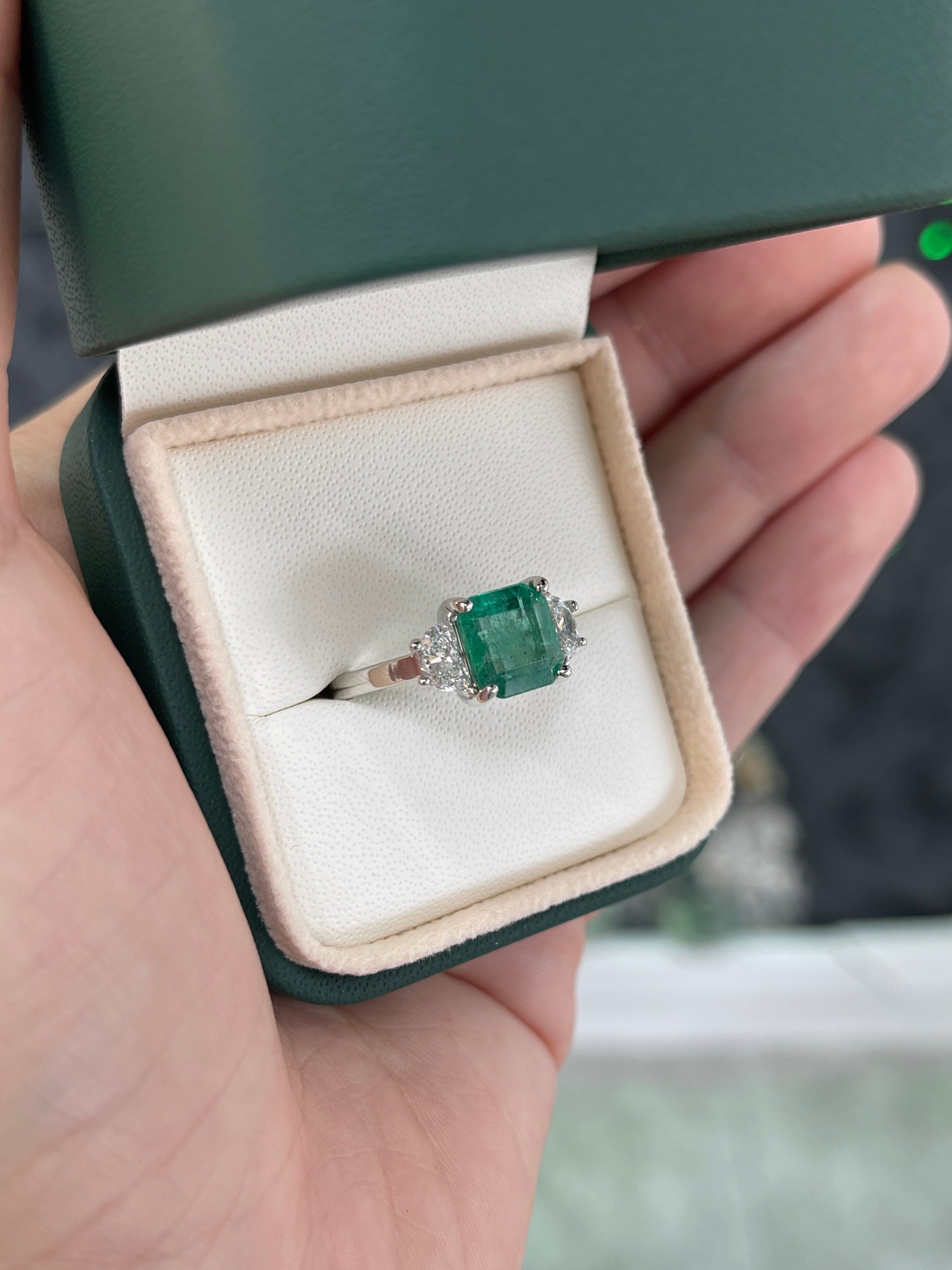 3.25tcw Natural Emerald & Lab Half Moon Diamond 14K Three Stone Ring White Gold - JR Colombian Emeralds