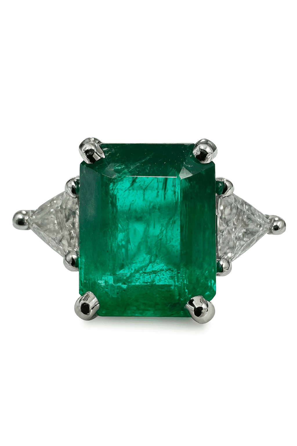 Natural Zambian emerald cut ring with trillion diamonds in 14K white gold