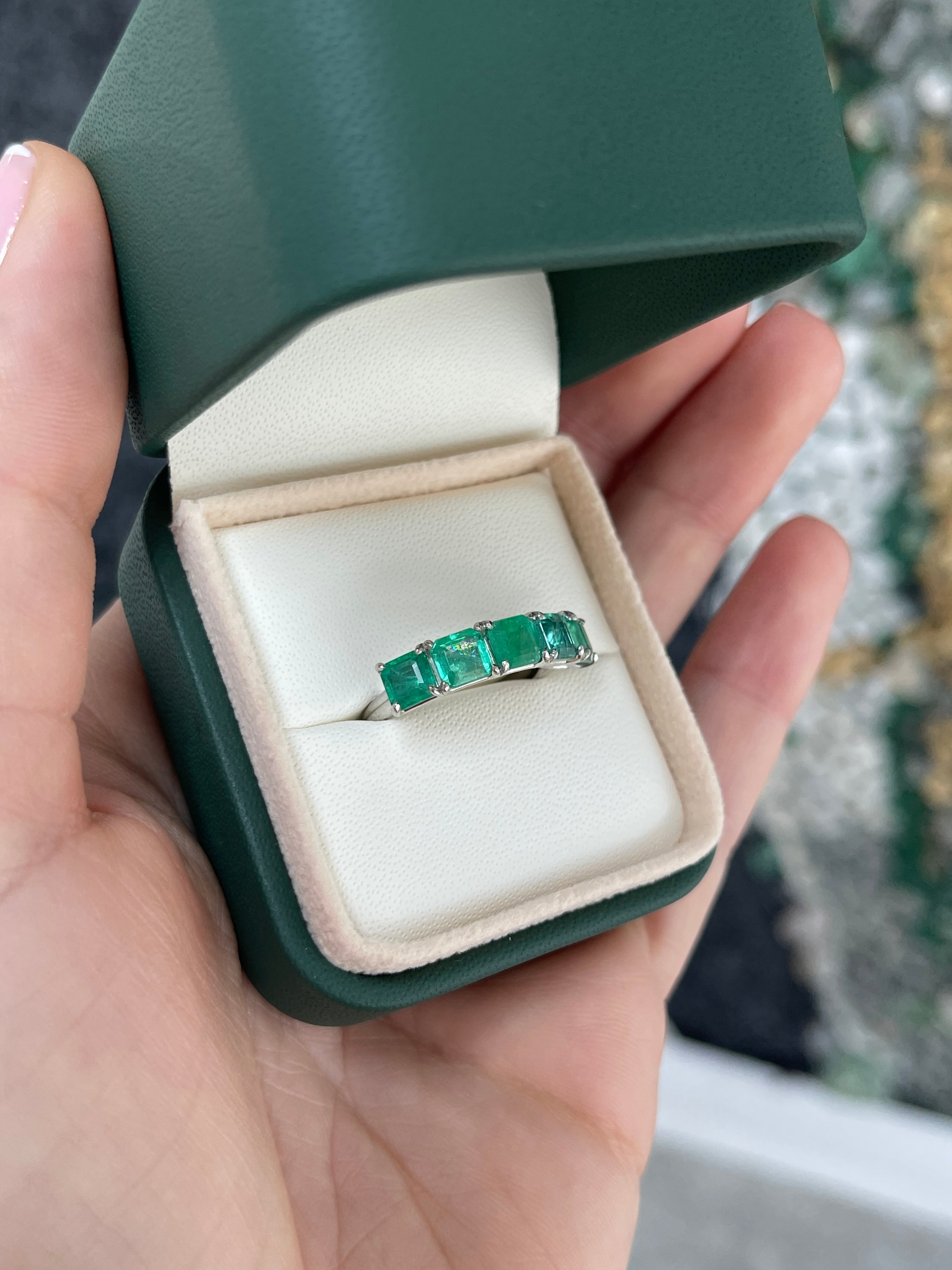 3.30tcw Platinum Natural Emerald Asscher Cut Five Stone Wedding Band Ring - JR Colombian Emeralds