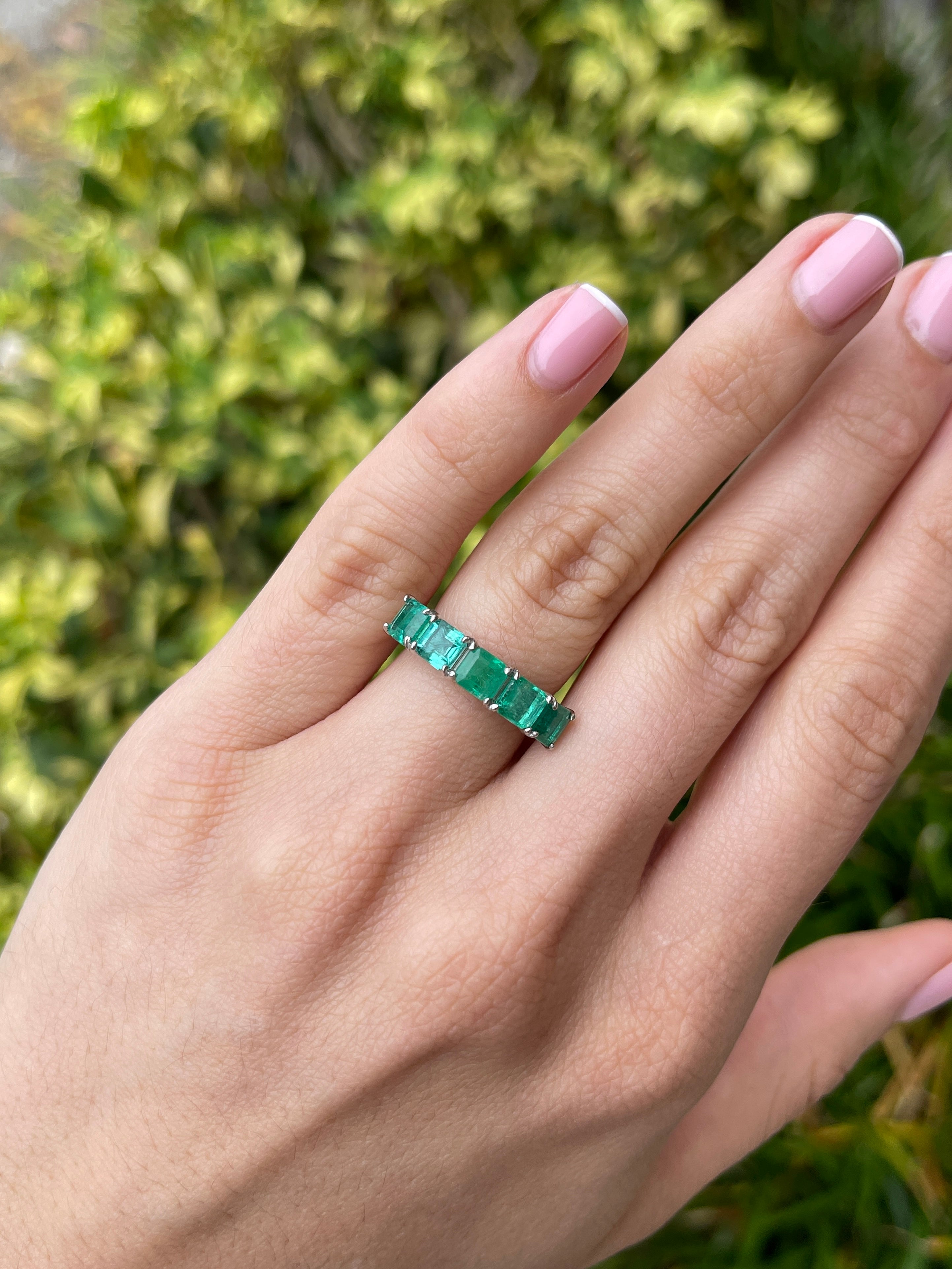 3.30tcw Platinum Natural Emerald Asscher Cut Five Stone Wedding Band Ring - JR Colombian Emeralds