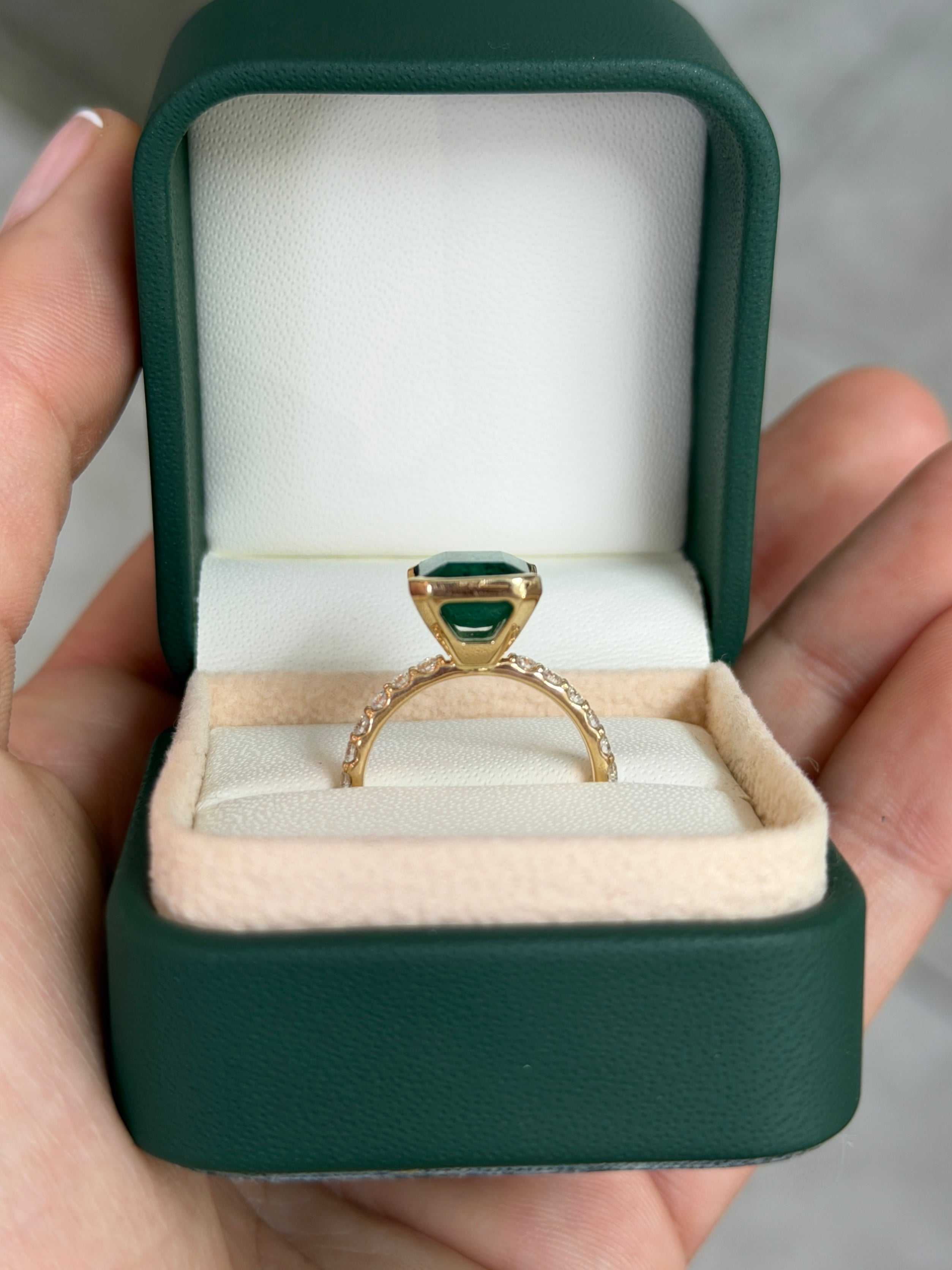Natural emerald solitaire ring with diamond accents, 3.69 tcw, semi bezel setting, 14K gold, by JR Colombian Emeralds.