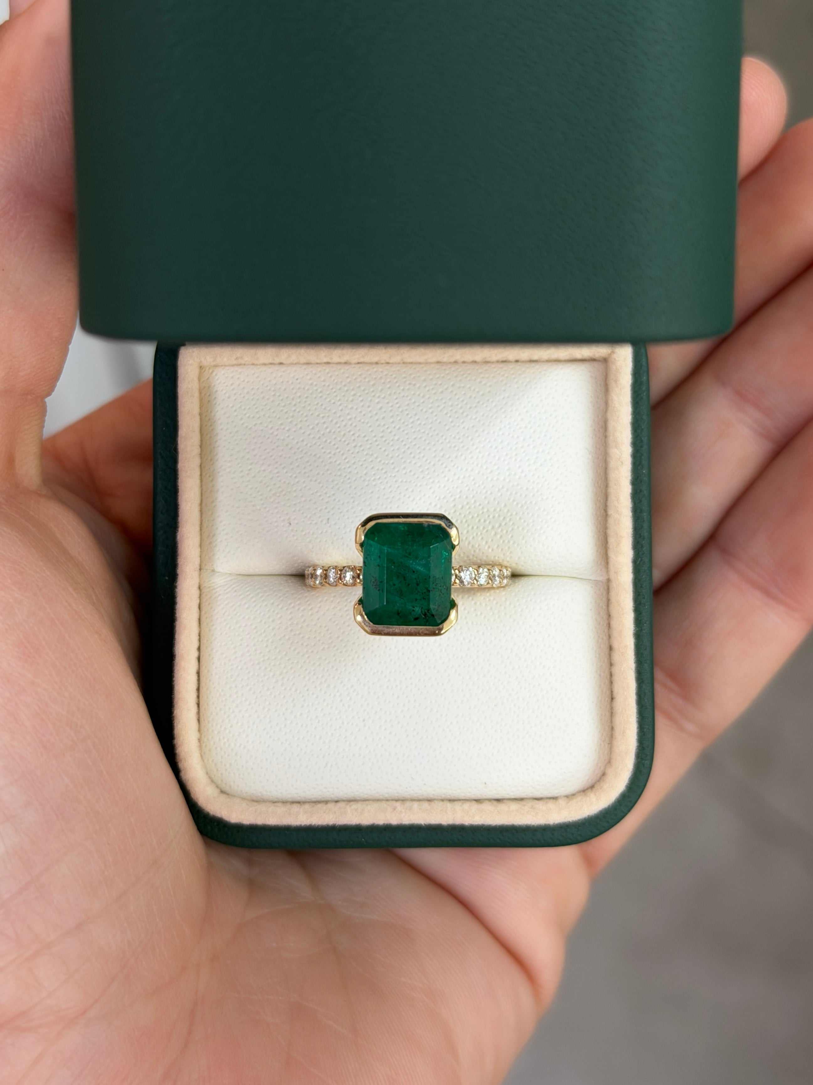 Natural emerald and diamond stacking ring in 14K gold with semi-bezel setting, featuring 3.69tcw emeralds and accents by JR Colombian Emeralds.
