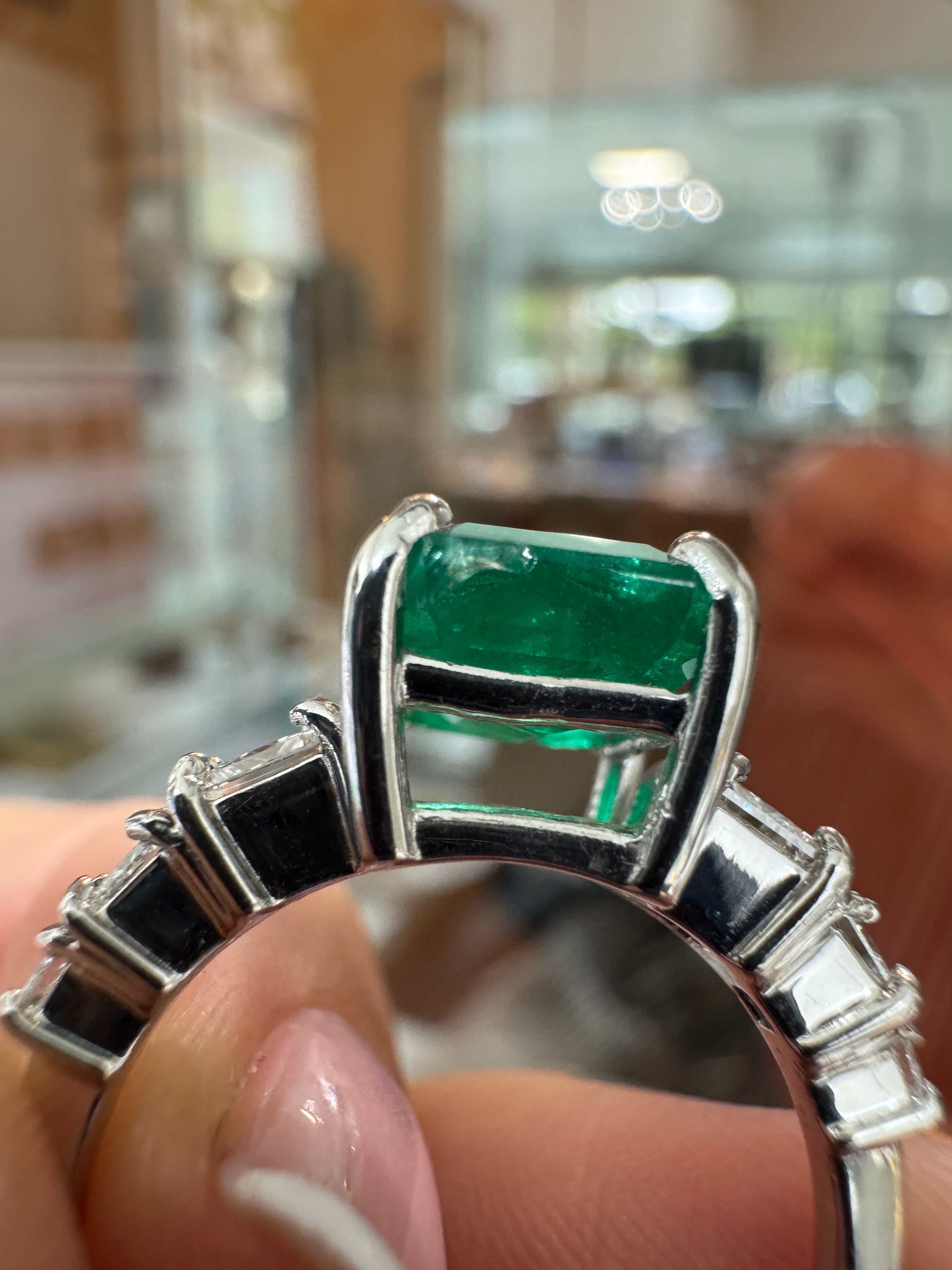 14K white gold engagement ring with 3.87tcw natural emerald and lab diamond accents, by JR Colombian Emeralds.
