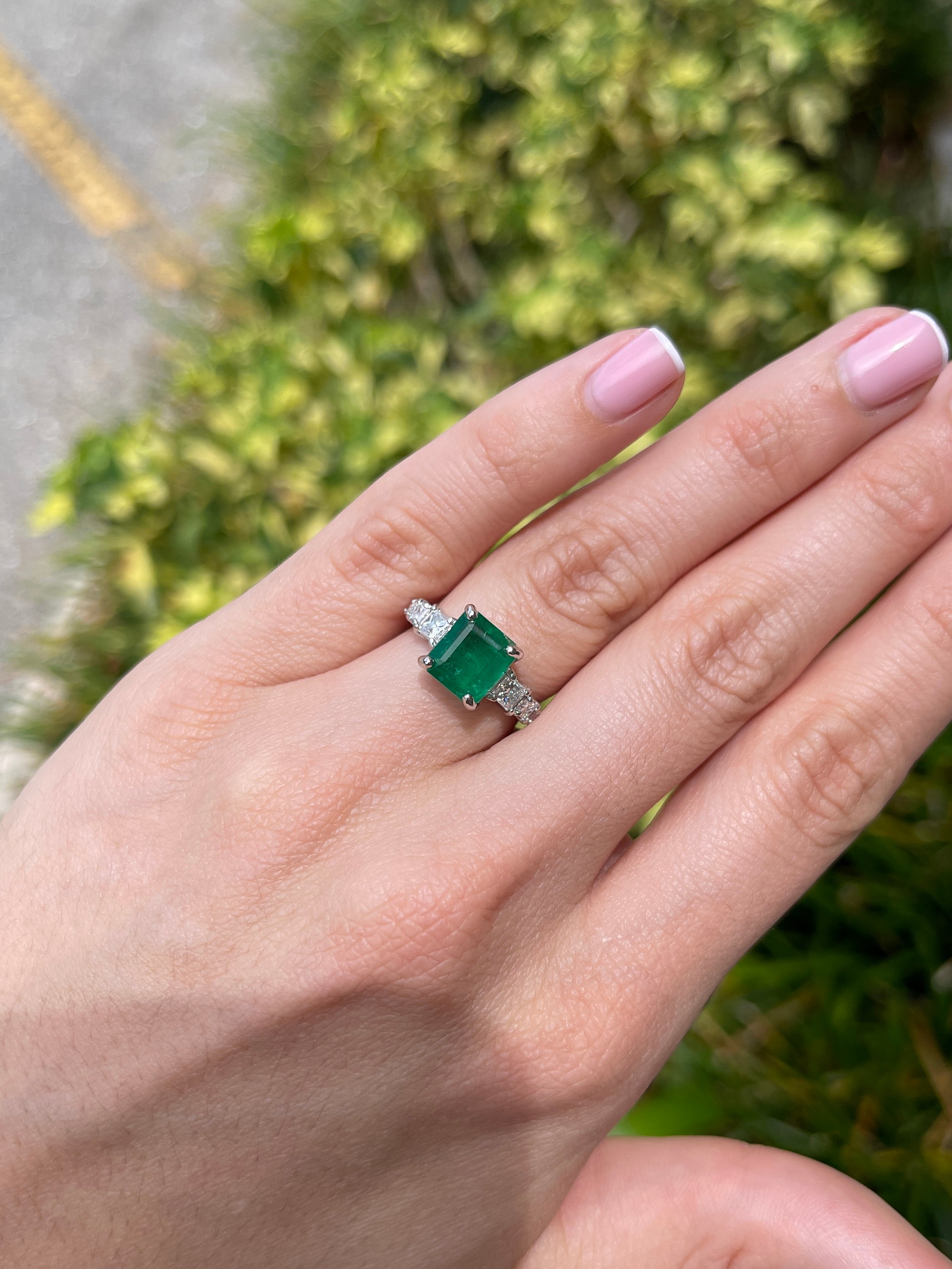 14K white gold engagement ring with 3.87tcw natural emerald center stone and lab diamond accents by JR Colombian Emeralds.