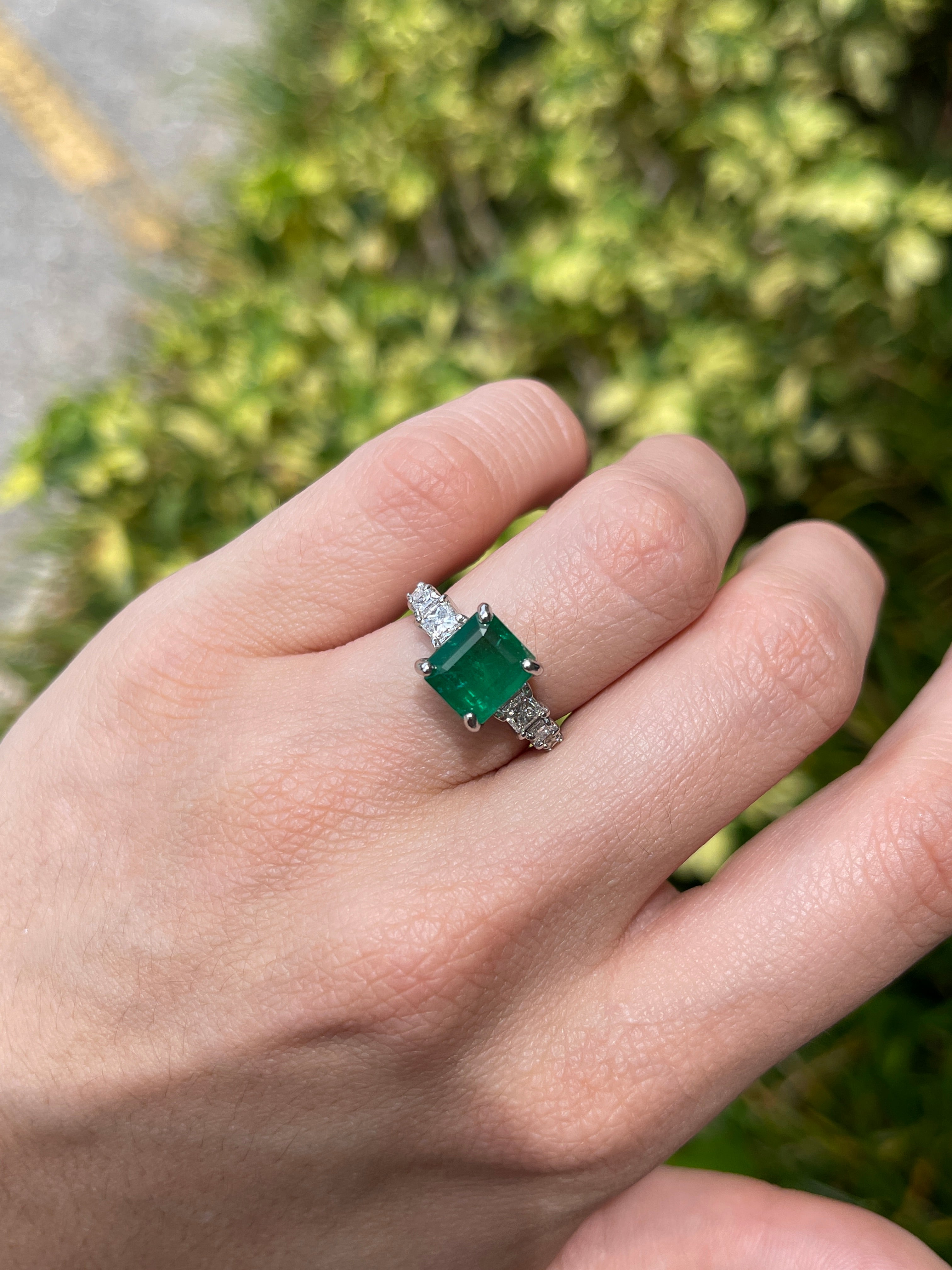 14K white gold engagement ring with 3.87 carat natural emerald and lab diamond accents, from JR Colombian Emeralds.