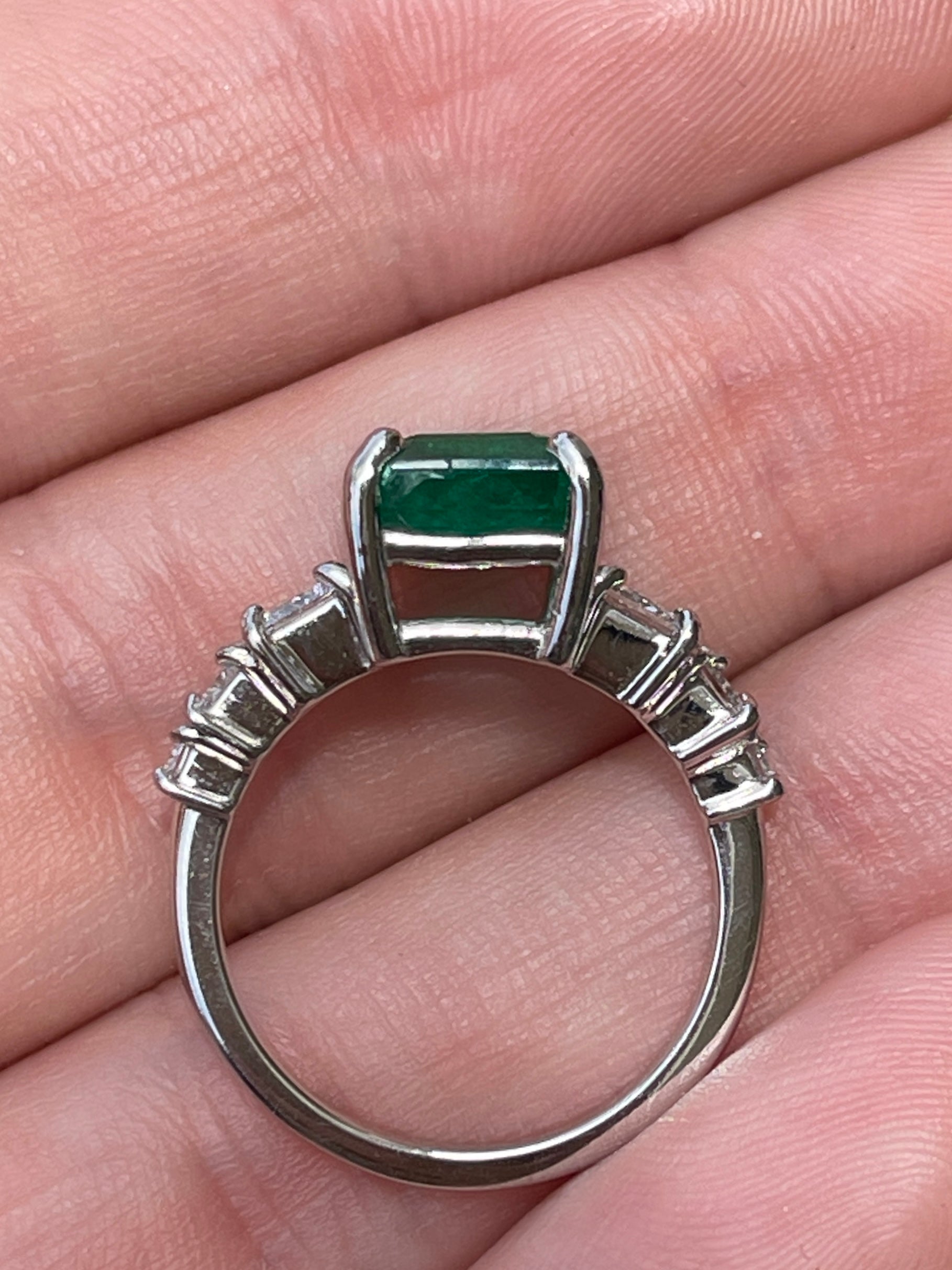 14K white gold engagement ring featuring 3.87tcw natural emerald center stone with lab diamond accents, by JR Colombian Emeralds