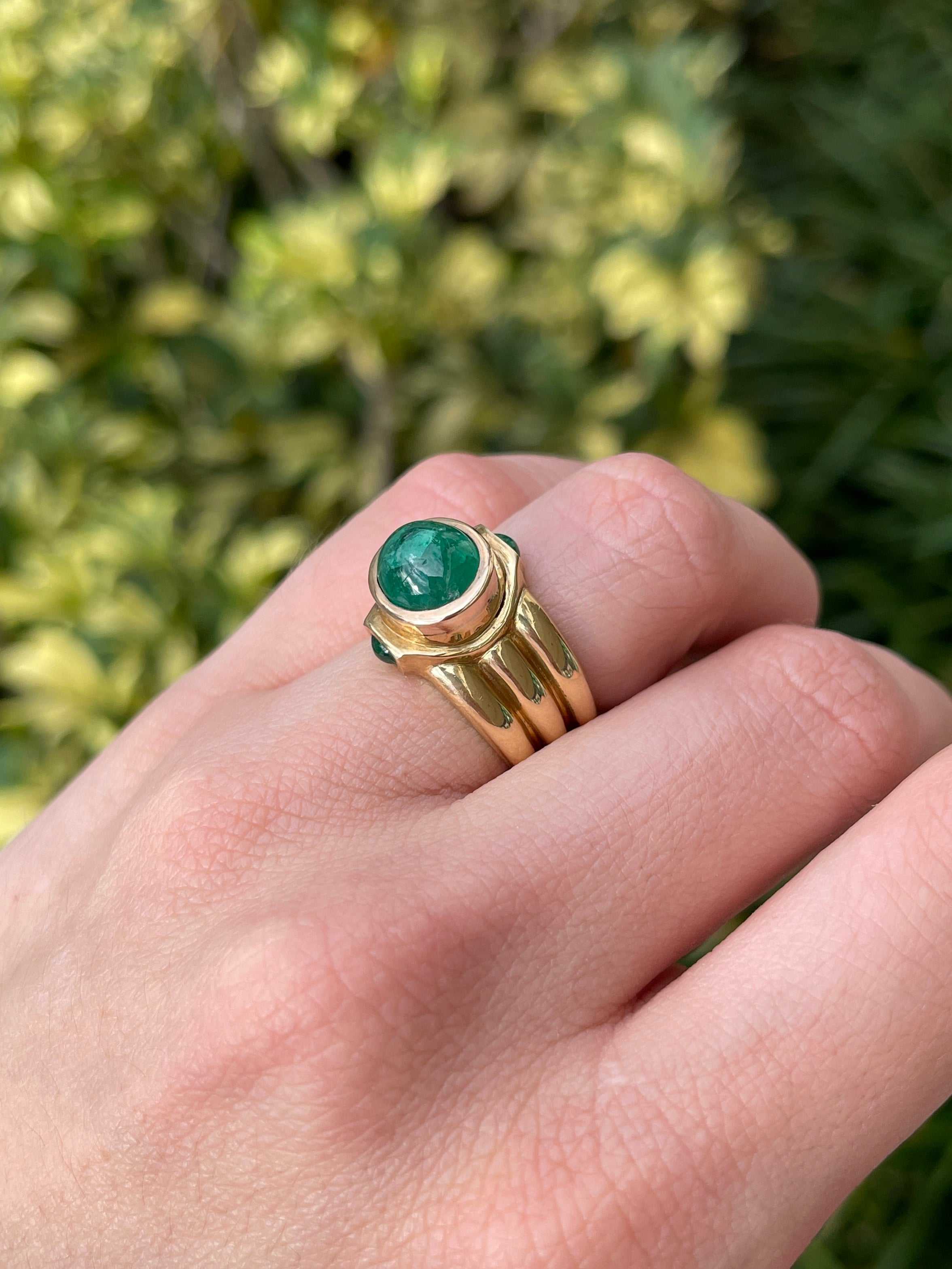 3.87tcw Natural Emerald Cabochon Three Stone Mens Ring 14K