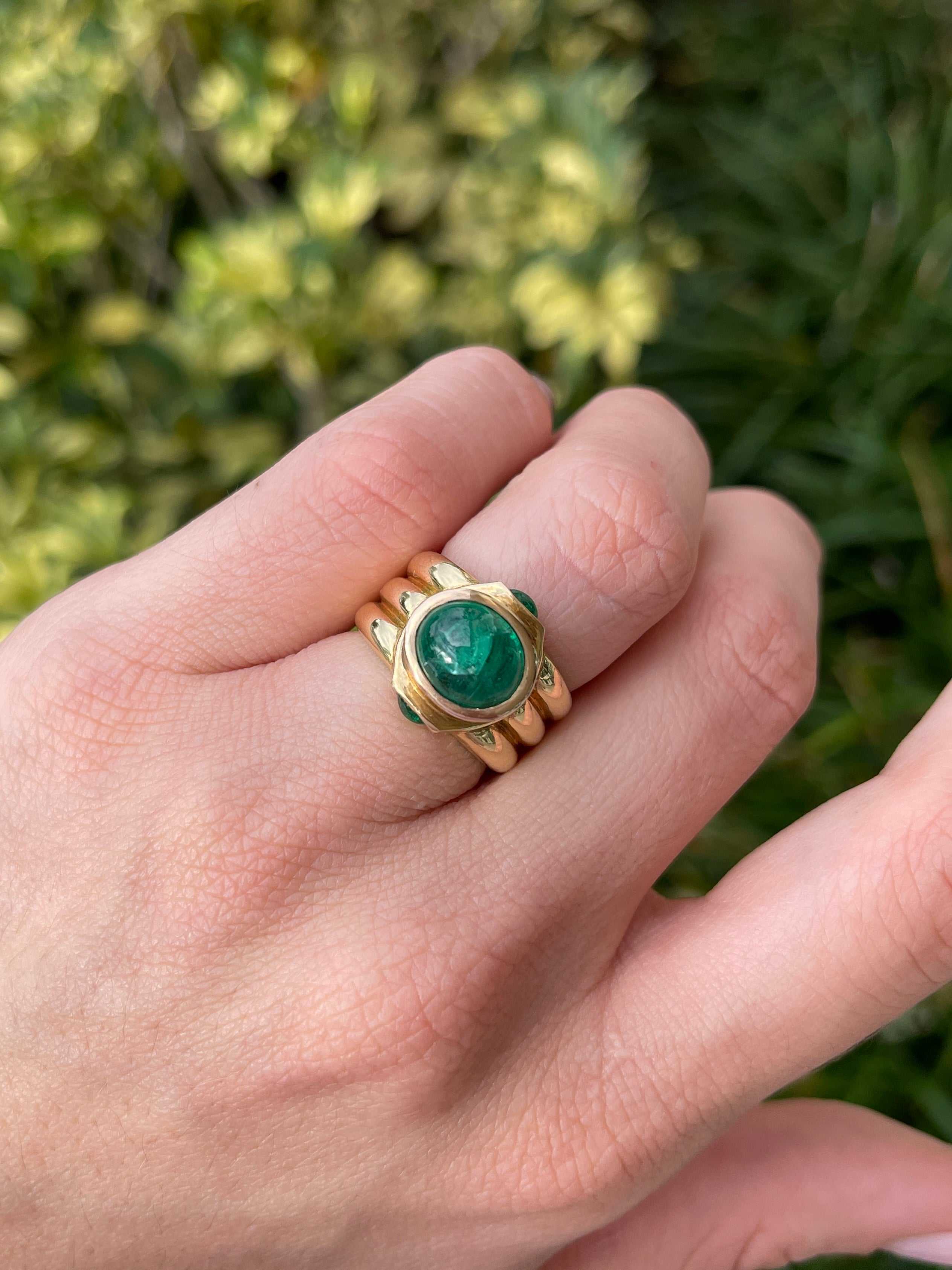 3.87tcw Natural Emerald Cabochon Three Stone Mens Ring 14K