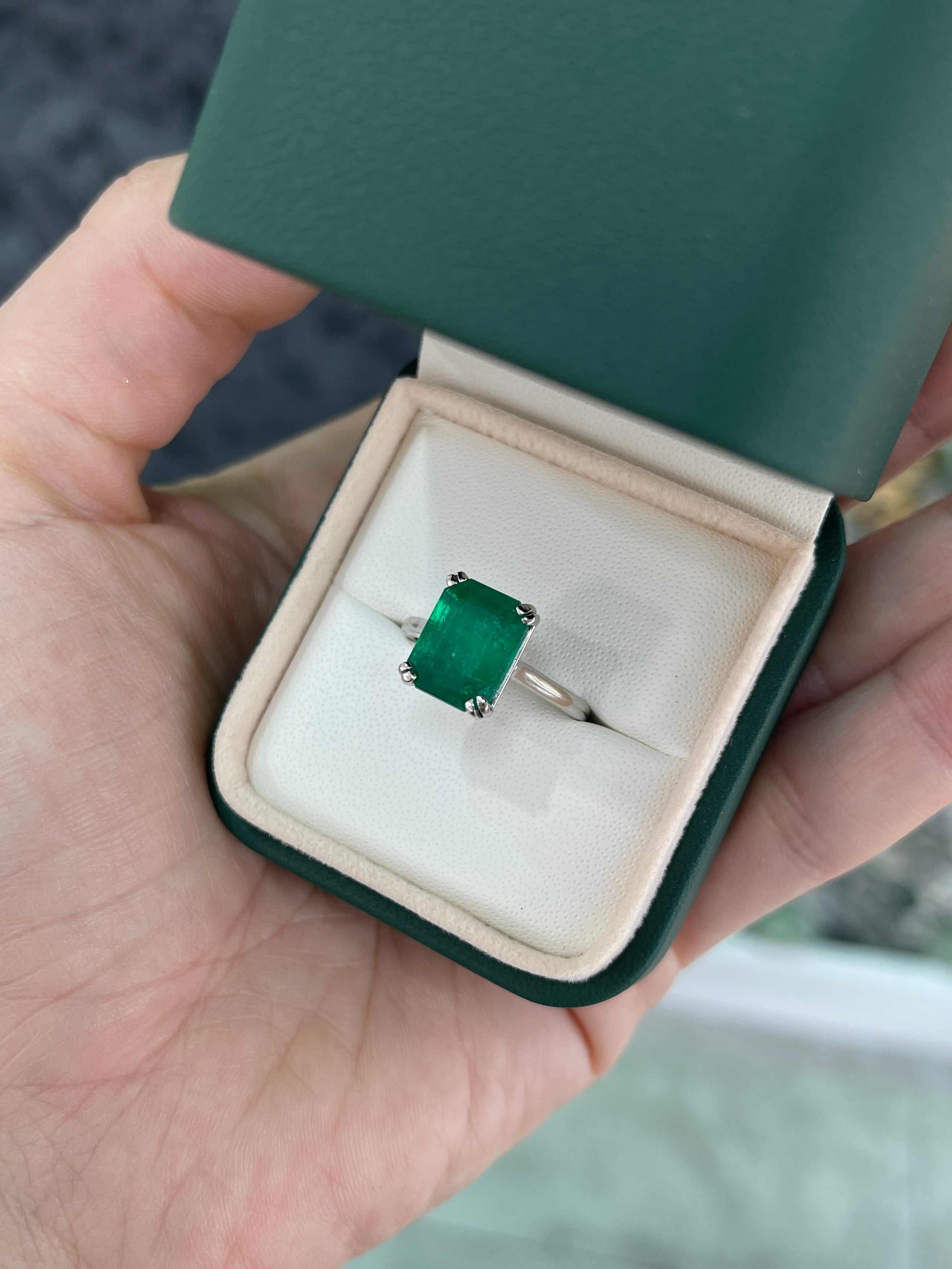 4.20ct Platinum Deep Rich Green Colombian Emerald Cut Emerald Solitaire Engagement Ring - JR Colombian Emeralds