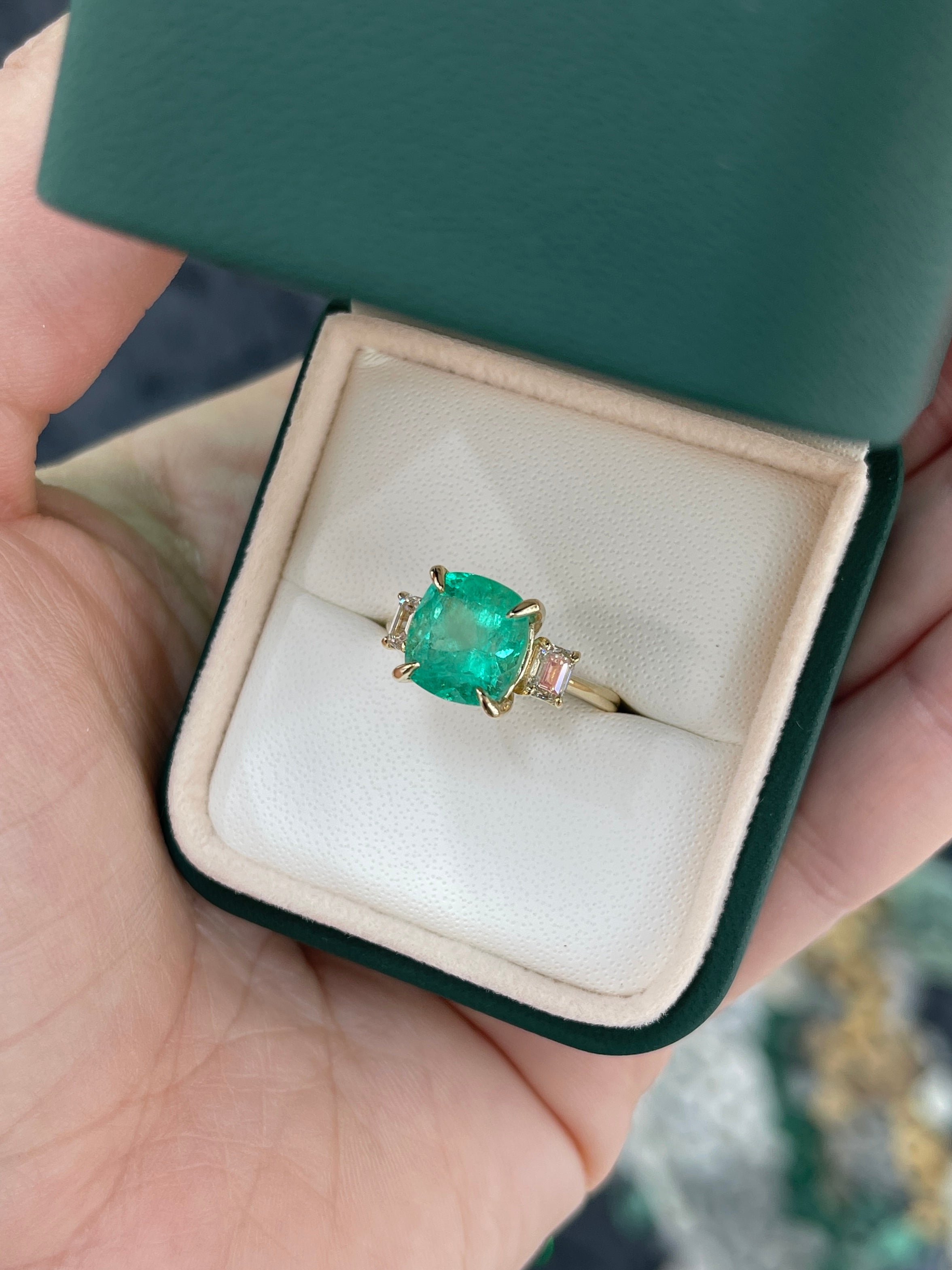 4.40tcw 14K Colombian Vivid Medium Green Cushion Cut Emerald & Emerald Cut Diamond Three Stone Ring - JR Colombian Emeralds