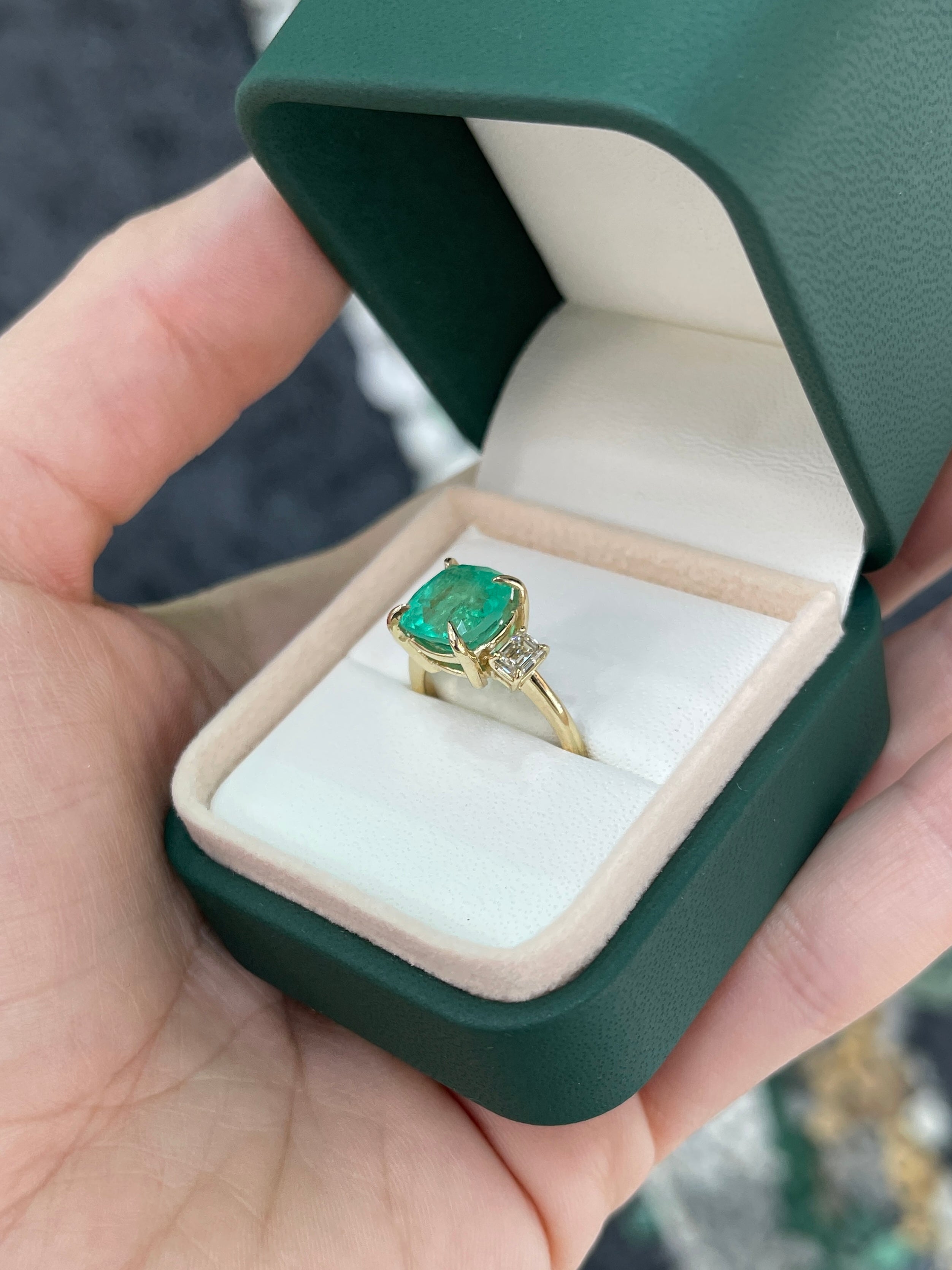 4.40tcw 14K Colombian Vivid Medium Green Cushion Cut Emerald & Emerald Cut Diamond Three Stone Ring - JR Colombian Emeralds