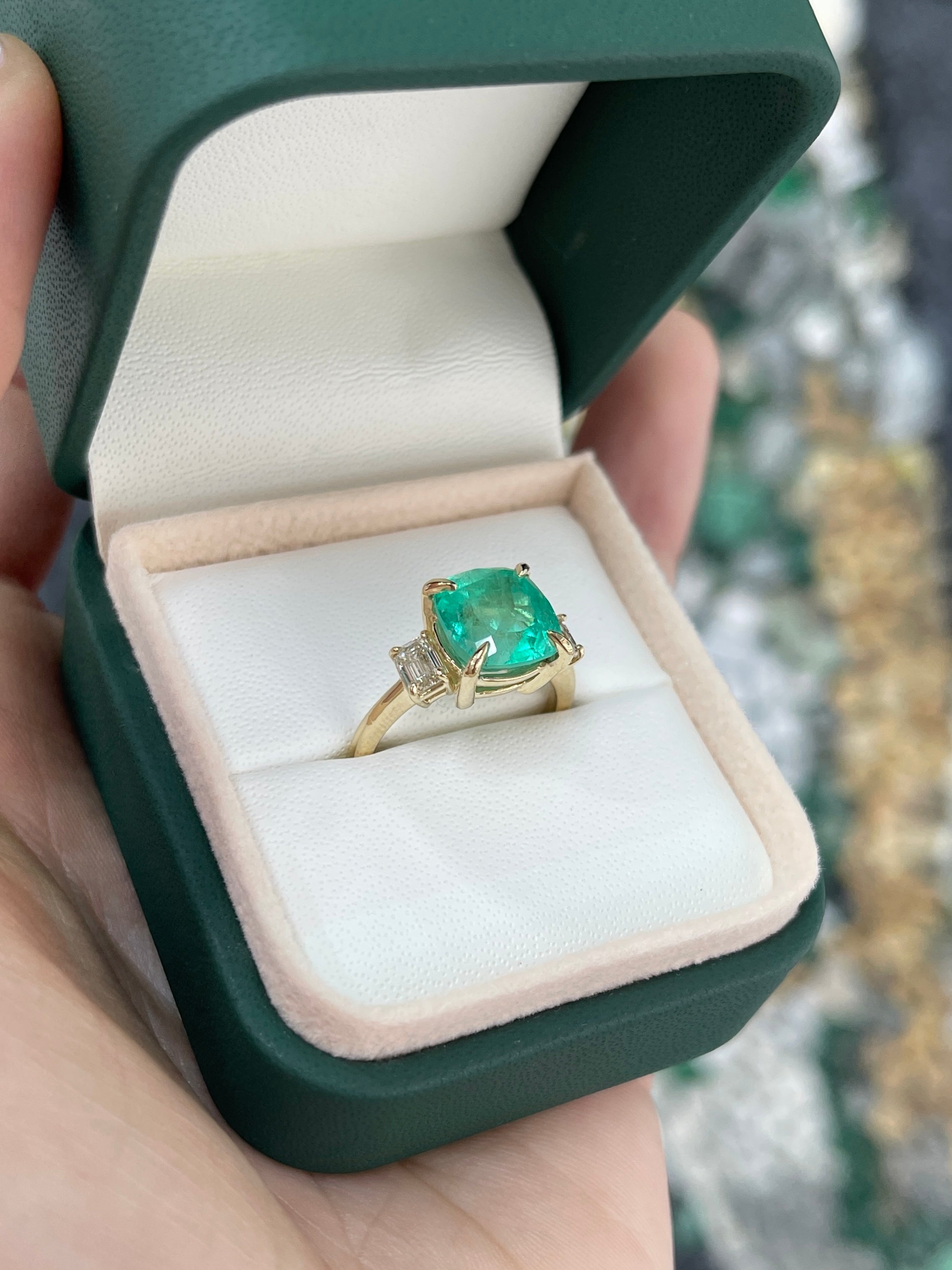 4.40tcw 14K Colombian Vivid Medium Green Cushion Cut Emerald & Emerald Cut Diamond Three Stone Ring - JR Colombian Emeralds