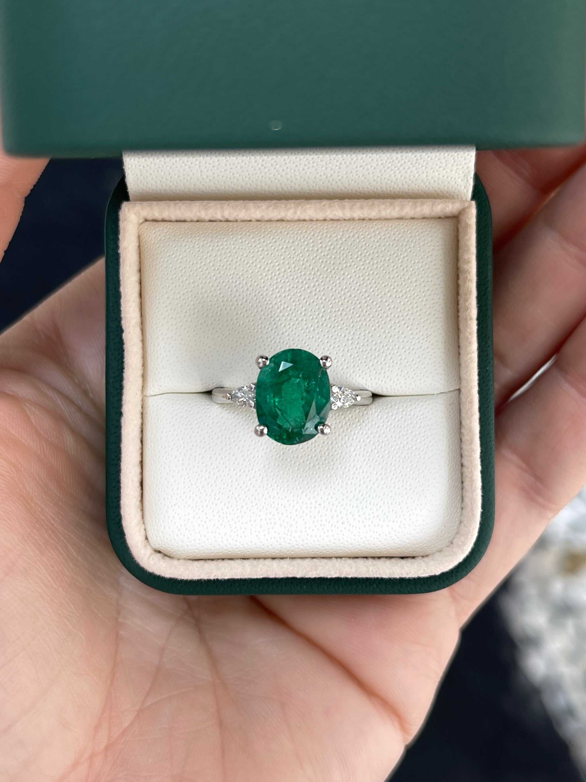 4.52tcw Vivid Green Natural Oval Emerald & Pear Diamond Three Stone White Gold Ring - JR Colombian Emeralds