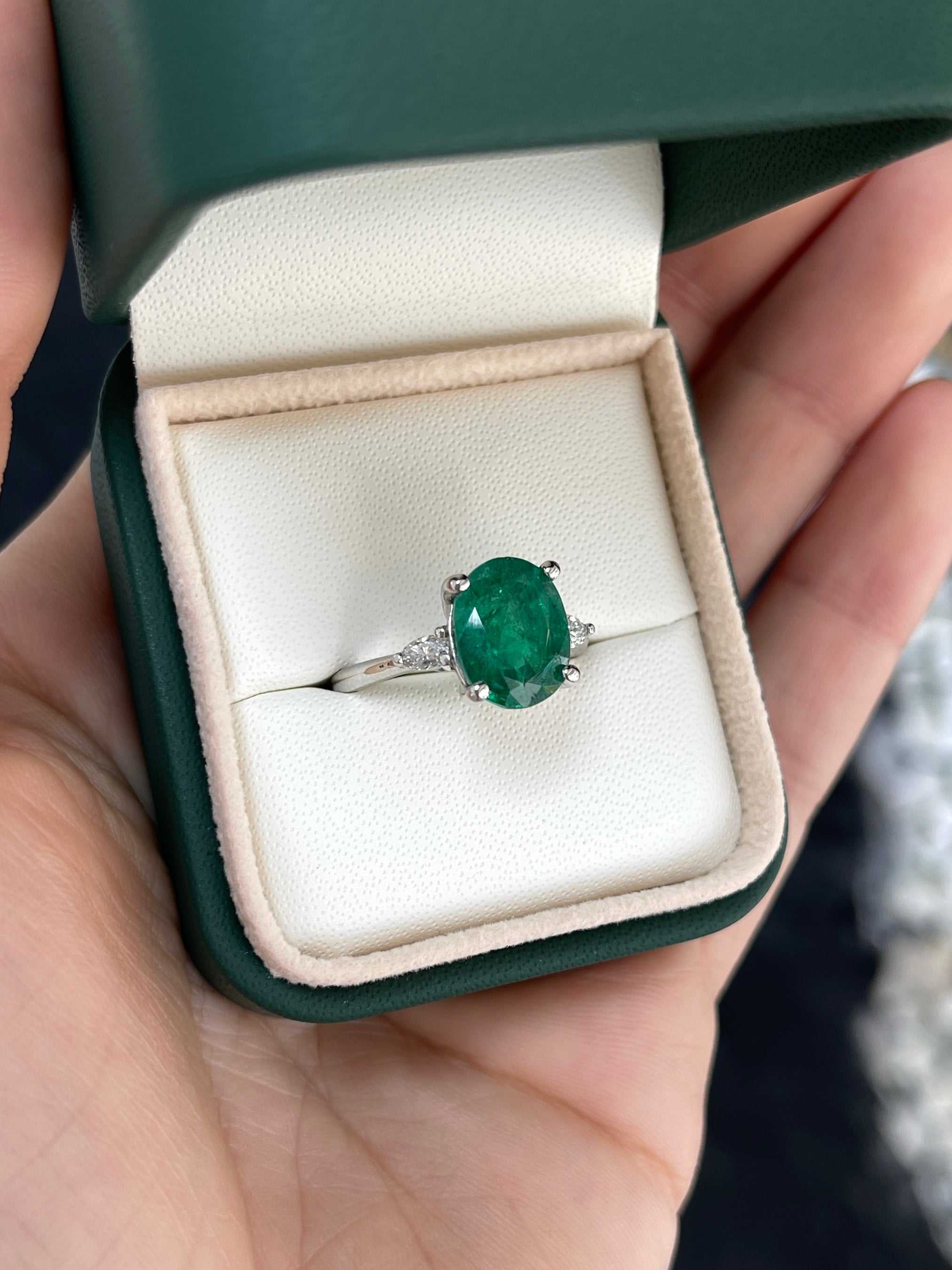 4.52tcw Vivid Green Natural Oval Emerald & Pear Diamond Three Stone White Gold Ring - JR Colombian Emeralds
