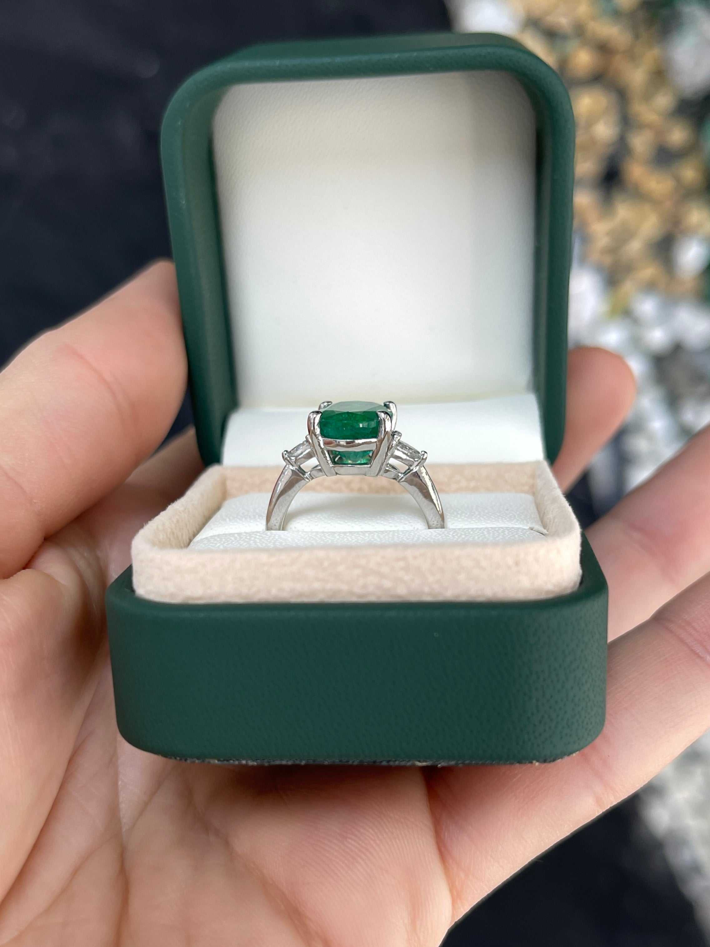 4.52tcw Vivid Green Natural Oval Emerald & Pear Diamond Three Stone White Gold Ring - JR Colombian Emeralds