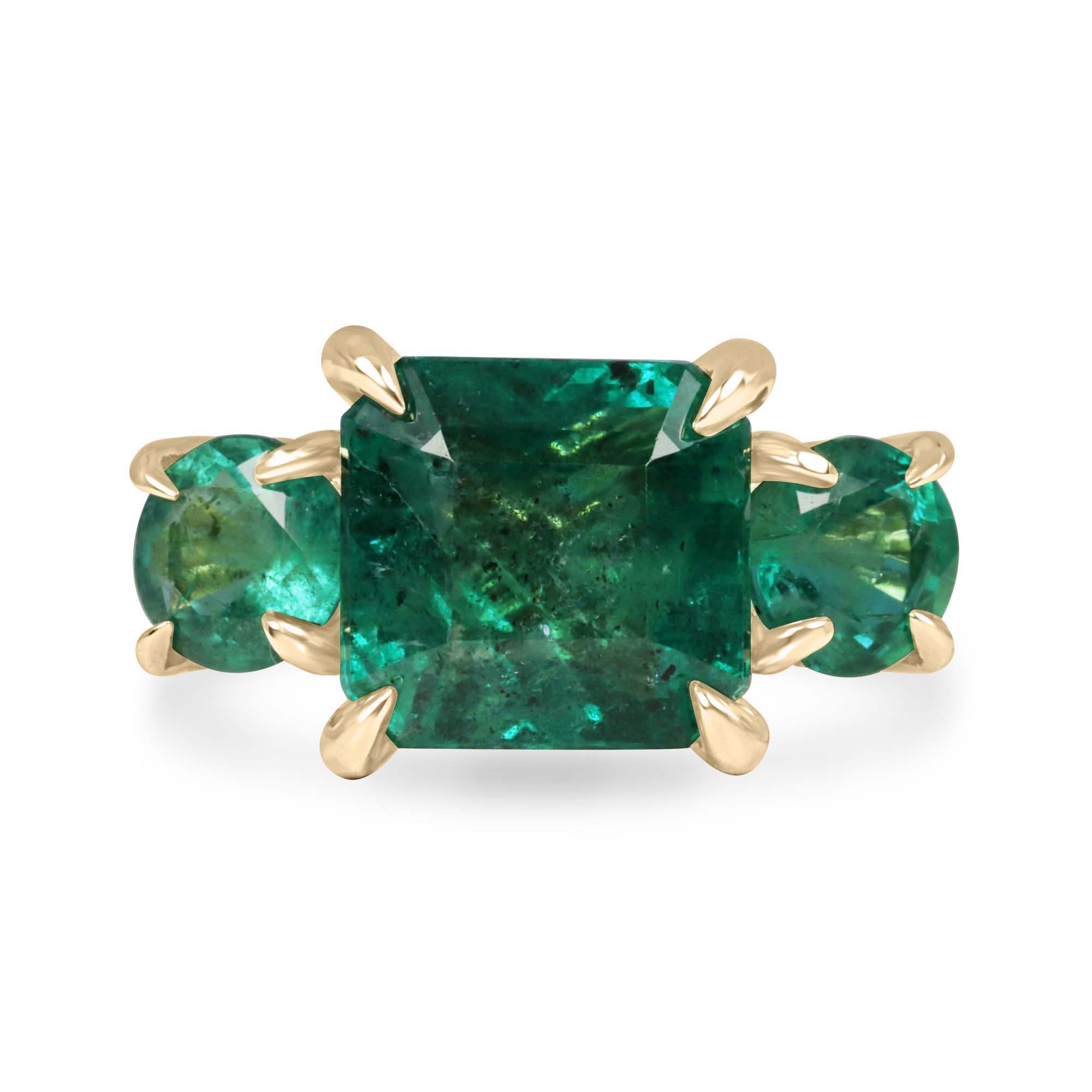 5.80tcw 14K Rich Green Natural Emerald All Emerald Three Stone Ring - JR Colombian Emeralds