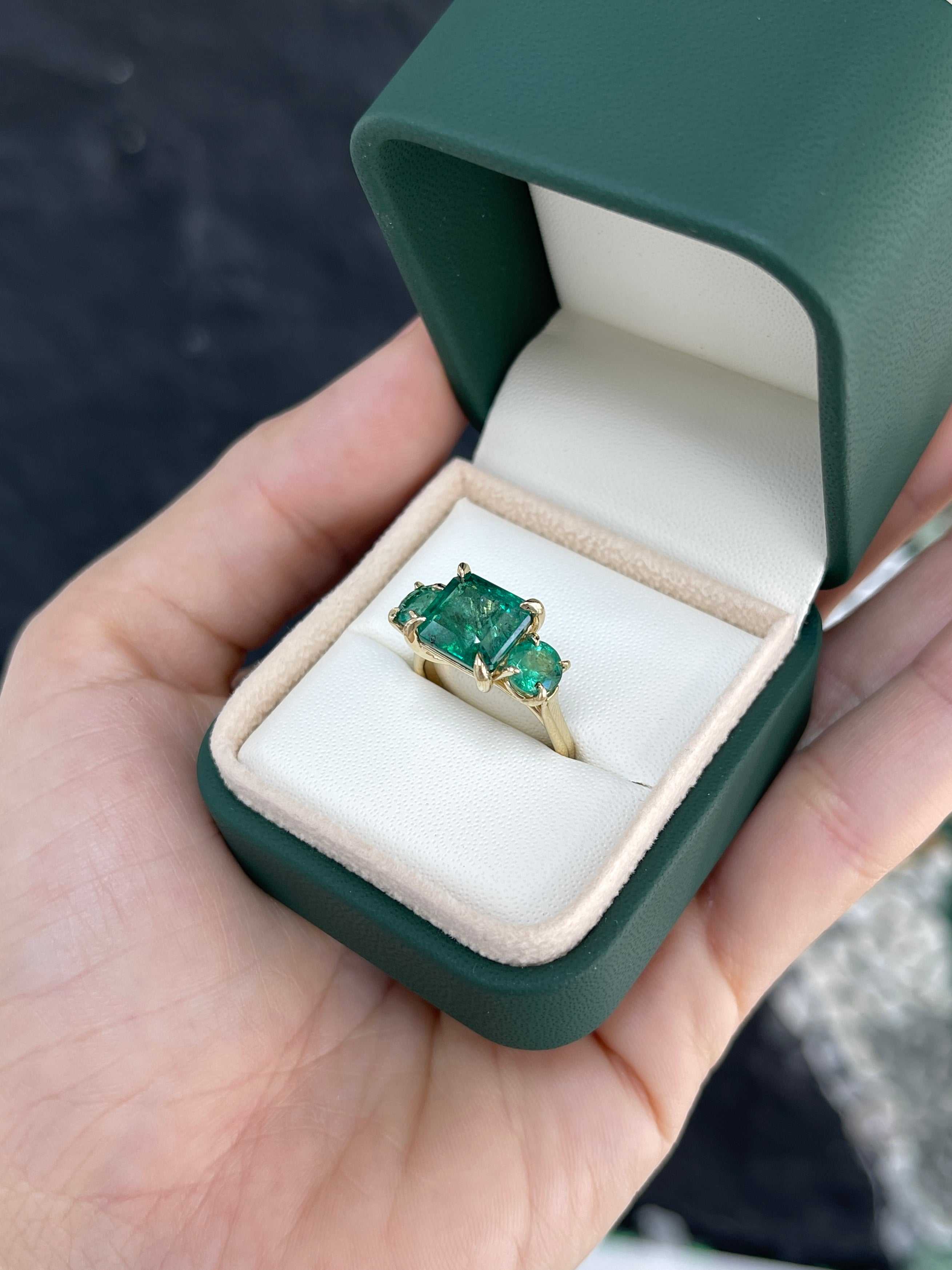 5.70tcw All Emerald Three Stone Ring 14K - JR Colombian Emeralds