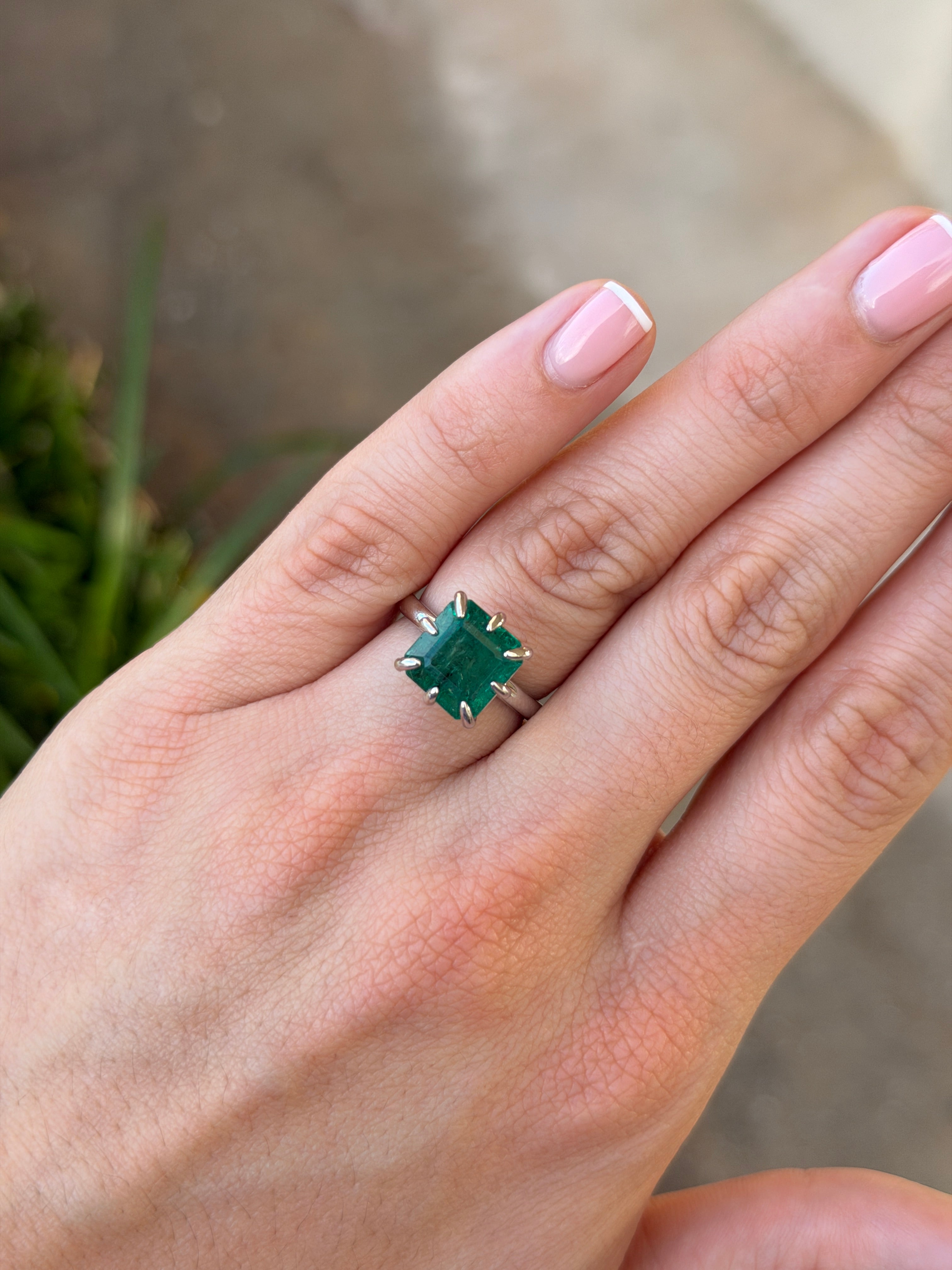 Asscher cut 5.84 carat diamond solitaire ring in 14K white gold by JR Colombian Emeralds, featuring a multi prong setting.
